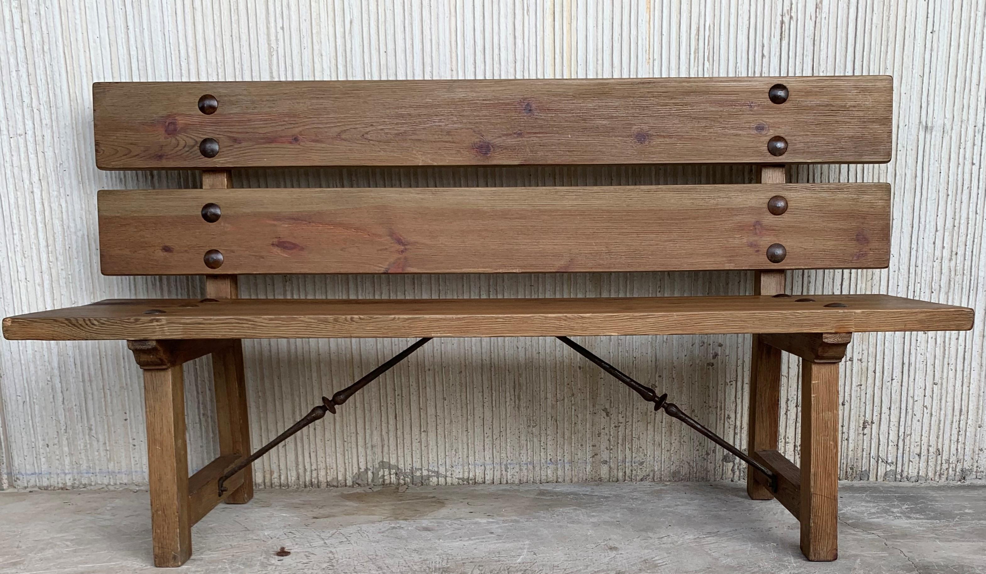 20th Spanish Park or Garden Bench with Wood Slabs & Iron Stretcher In Good Condition In Miami, FL