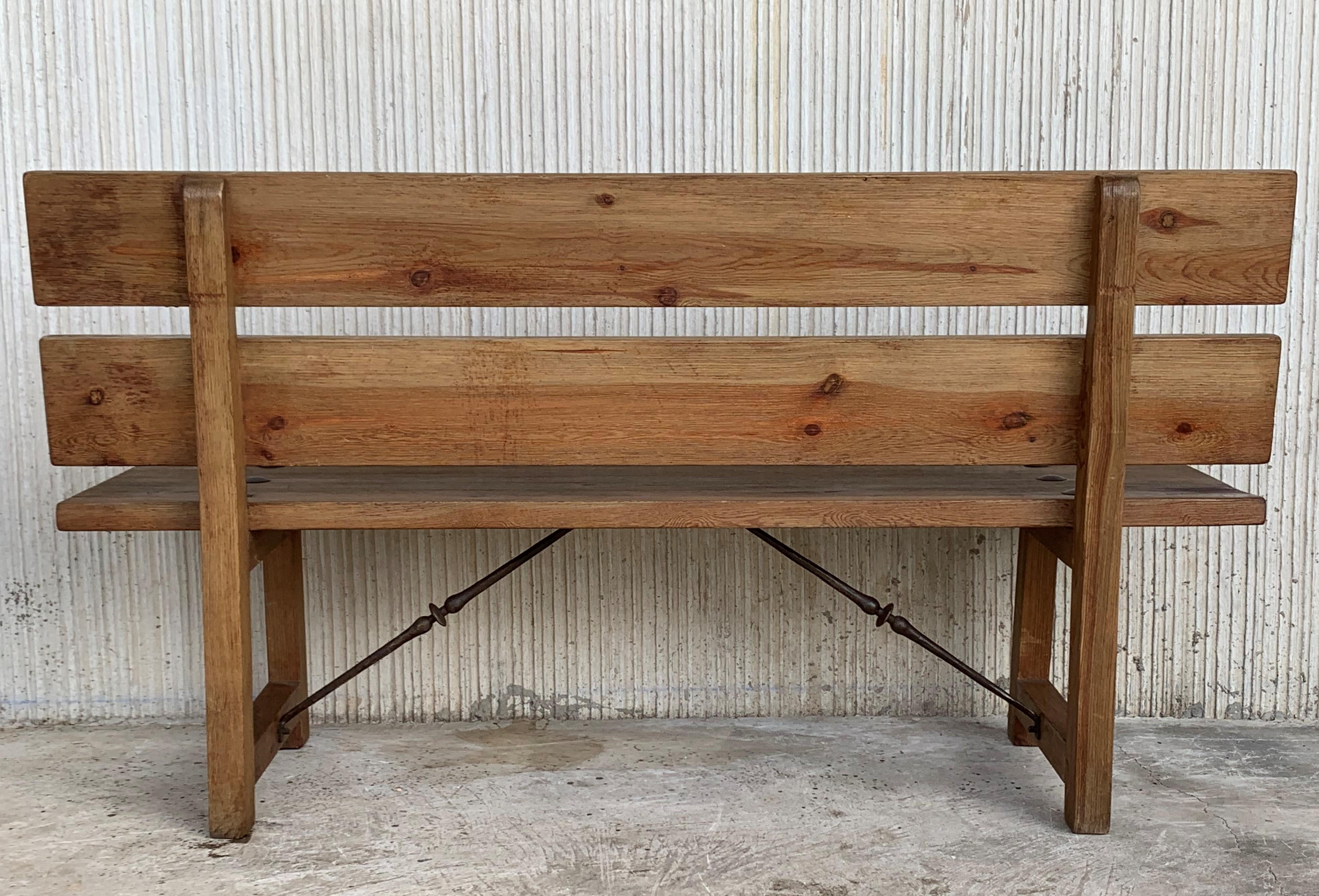 20th Century 20th Spanish Park or Garden Bench with Wood Slabs & Iron Stretcher
