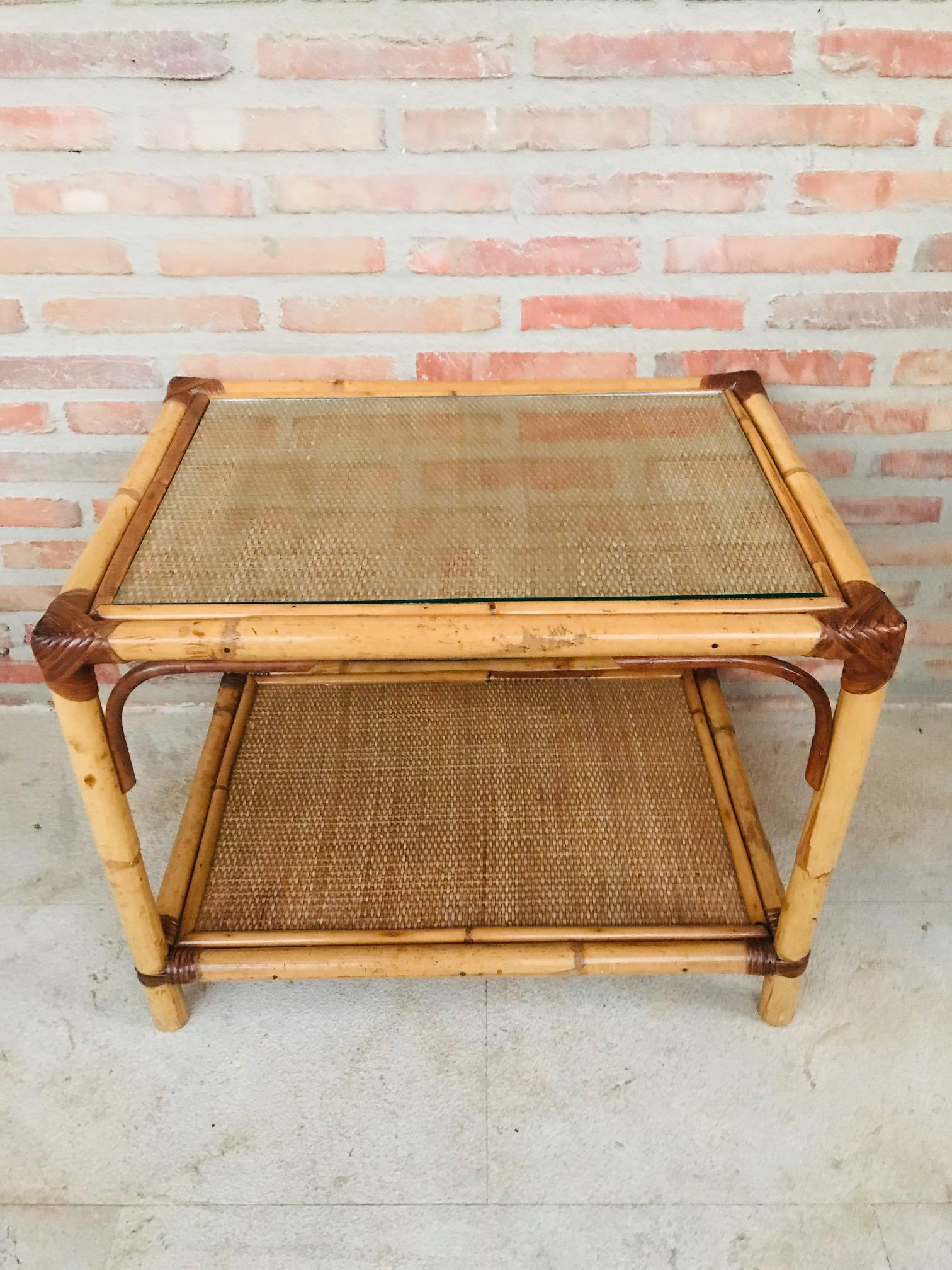 20th century Spanish rectangular bamboo coffee table with glass top.
