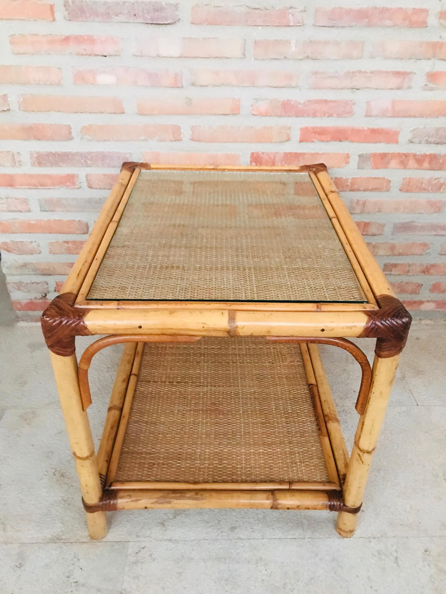 Mid-Century Modern 20th Century Spanish Rectangular Bamboo Coffee Table with Glass Top