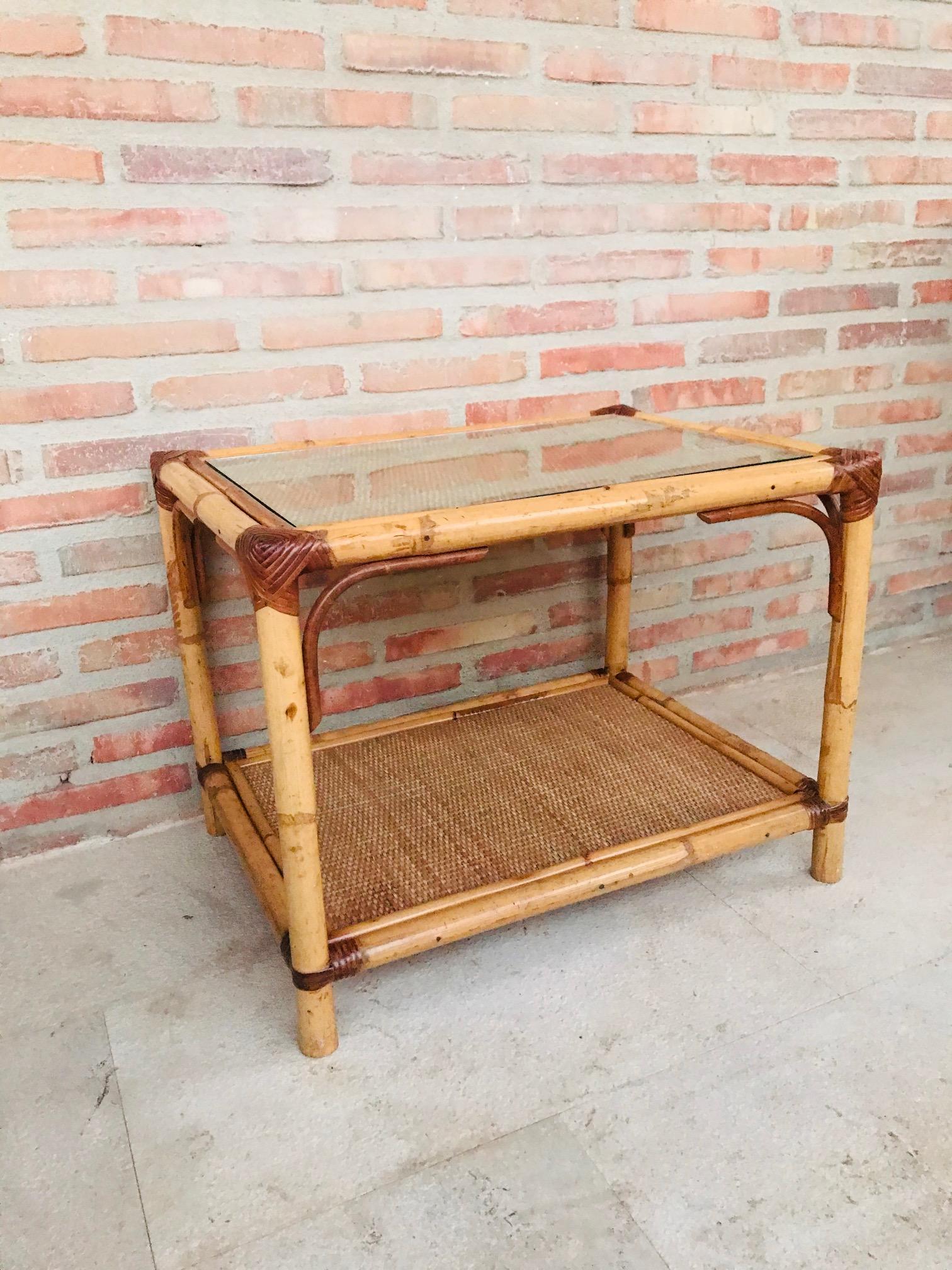 20th Century Spanish Rectangular Bamboo Coffee Table with Glass Top In Good Condition In Miami, FL