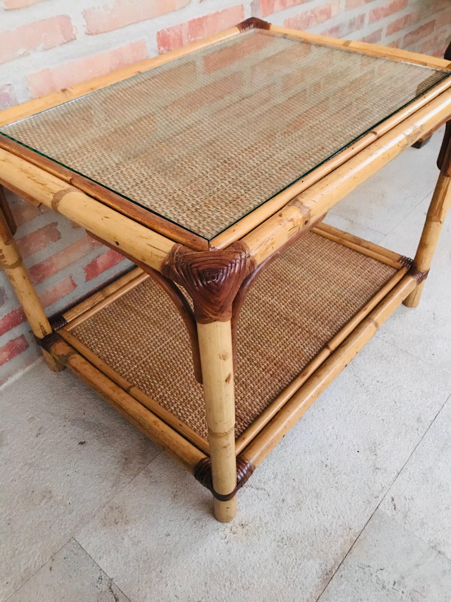20th Century Spanish Rectangular Bamboo Coffee Table with Glass Top 1