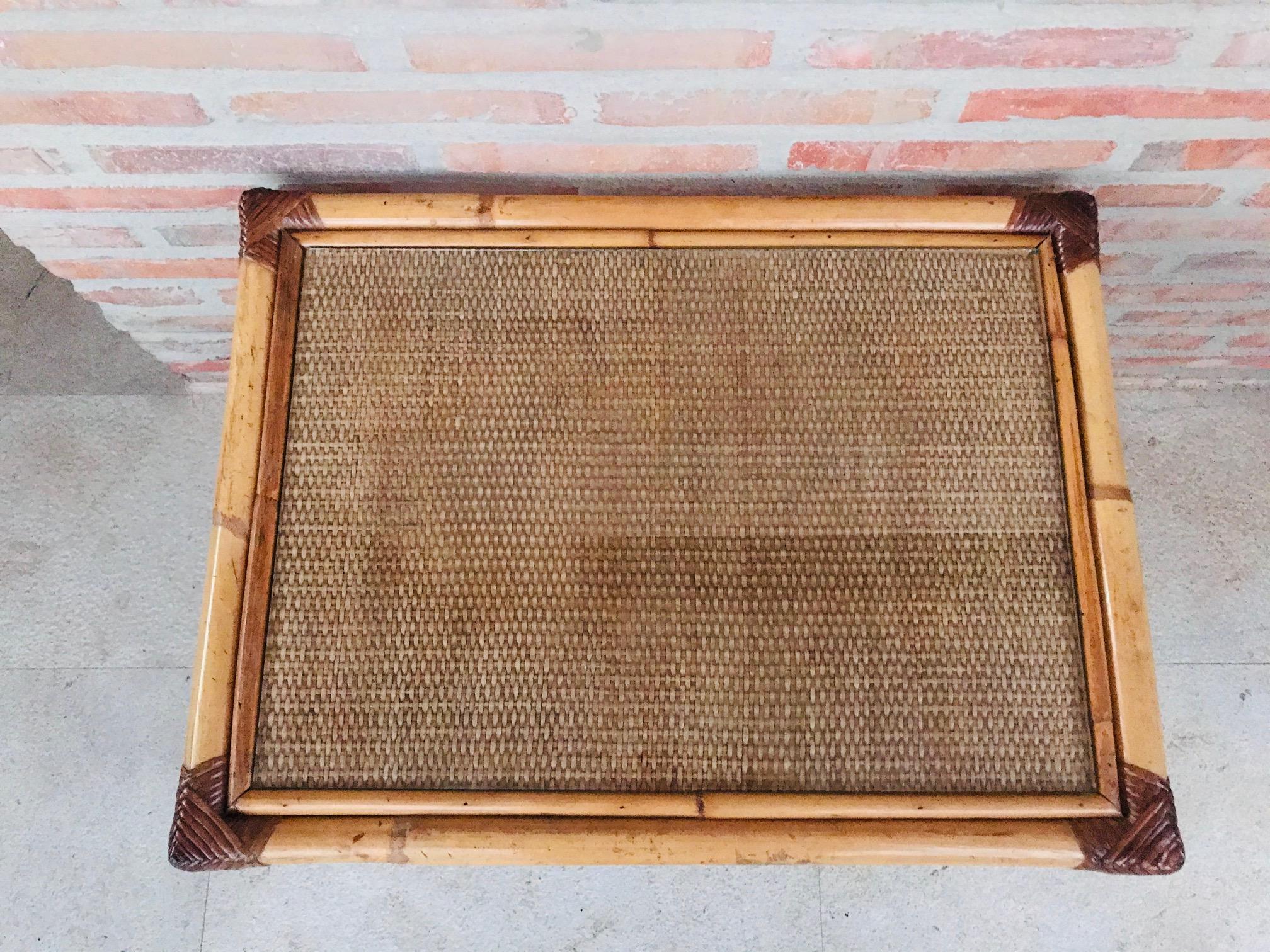 20th Century Spanish Rectangular Bamboo Coffee Table with Glass Top 2