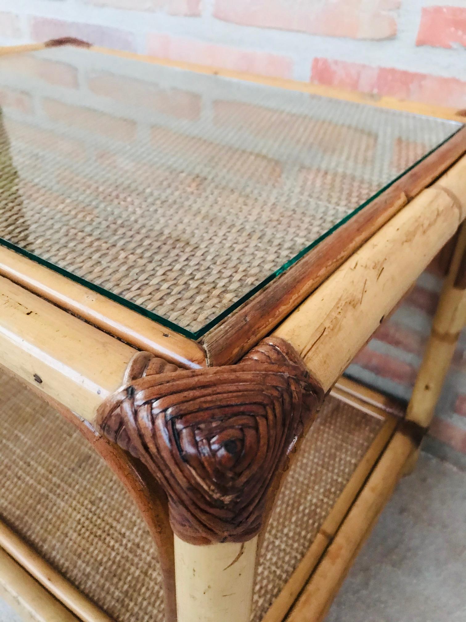 20th Century Spanish Rectangular Bamboo Coffee Table with Glass Top 3
