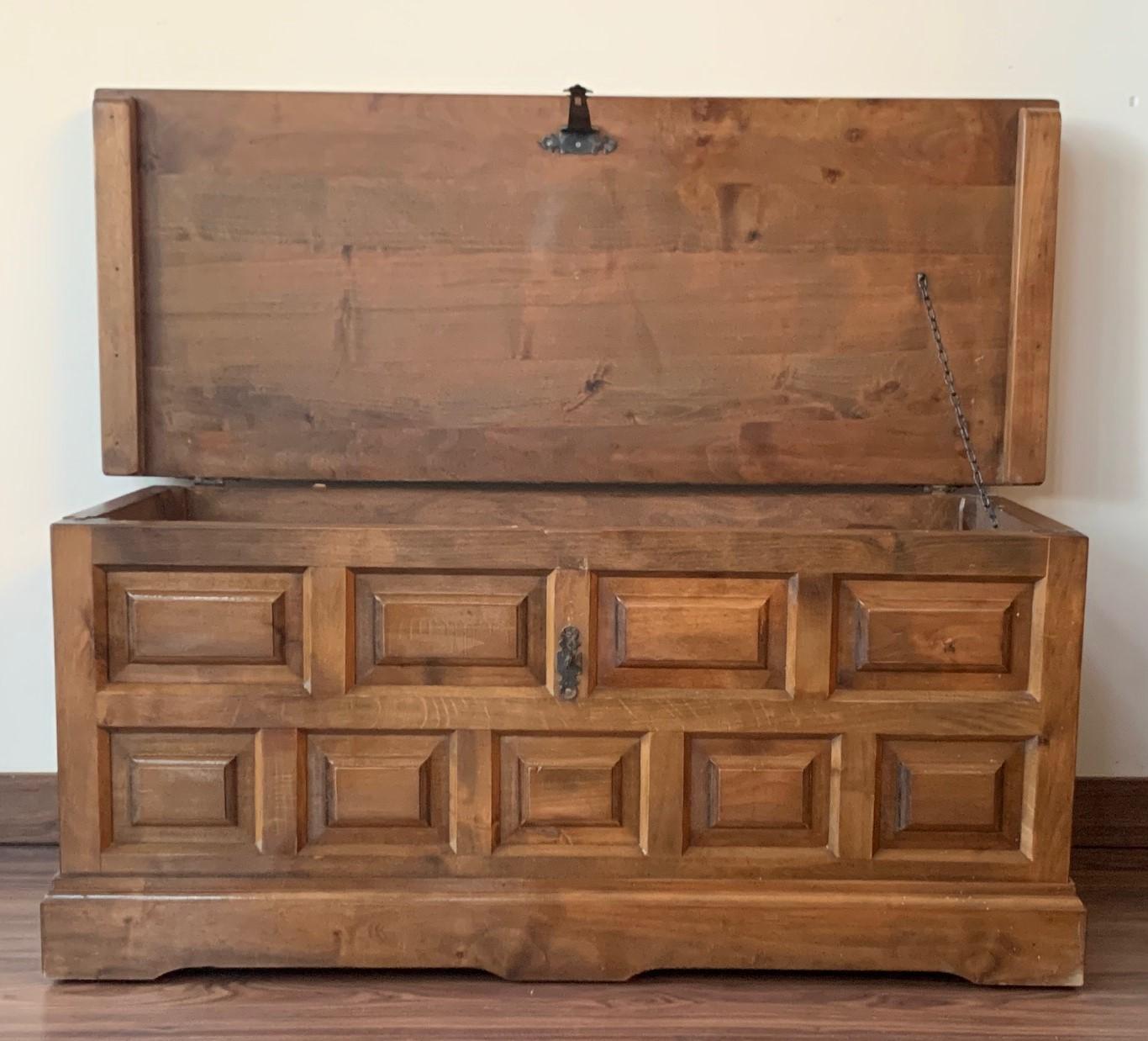 20th Spanish Trunk, Blanket Chest with Raised Wooden Panels and Iron Hardware In Good Condition In Miami, FL