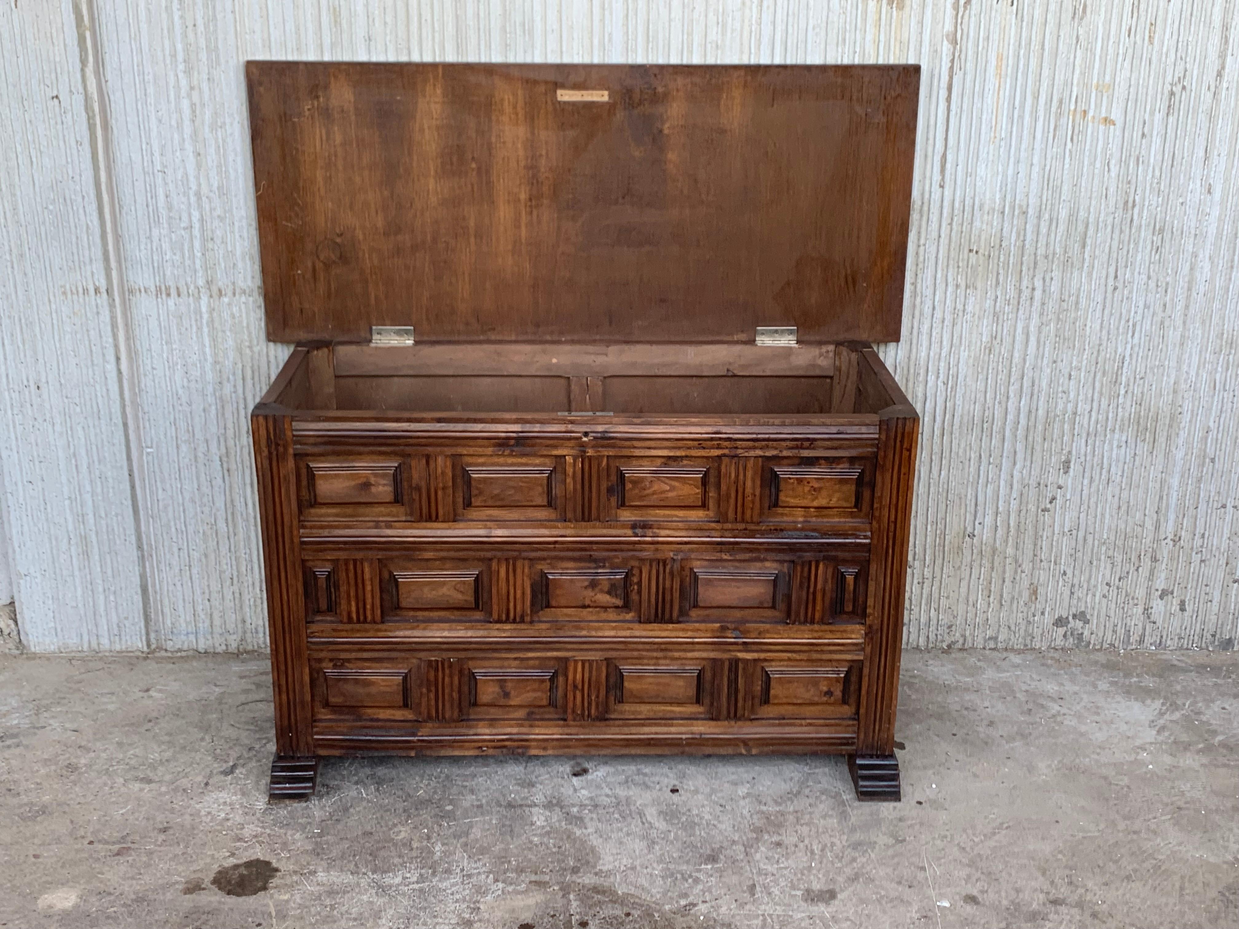 20th Spanish Trunk, Blanket Chest with Raised Wooden Panels and Iron Hardware In Good Condition For Sale In Miami, FL