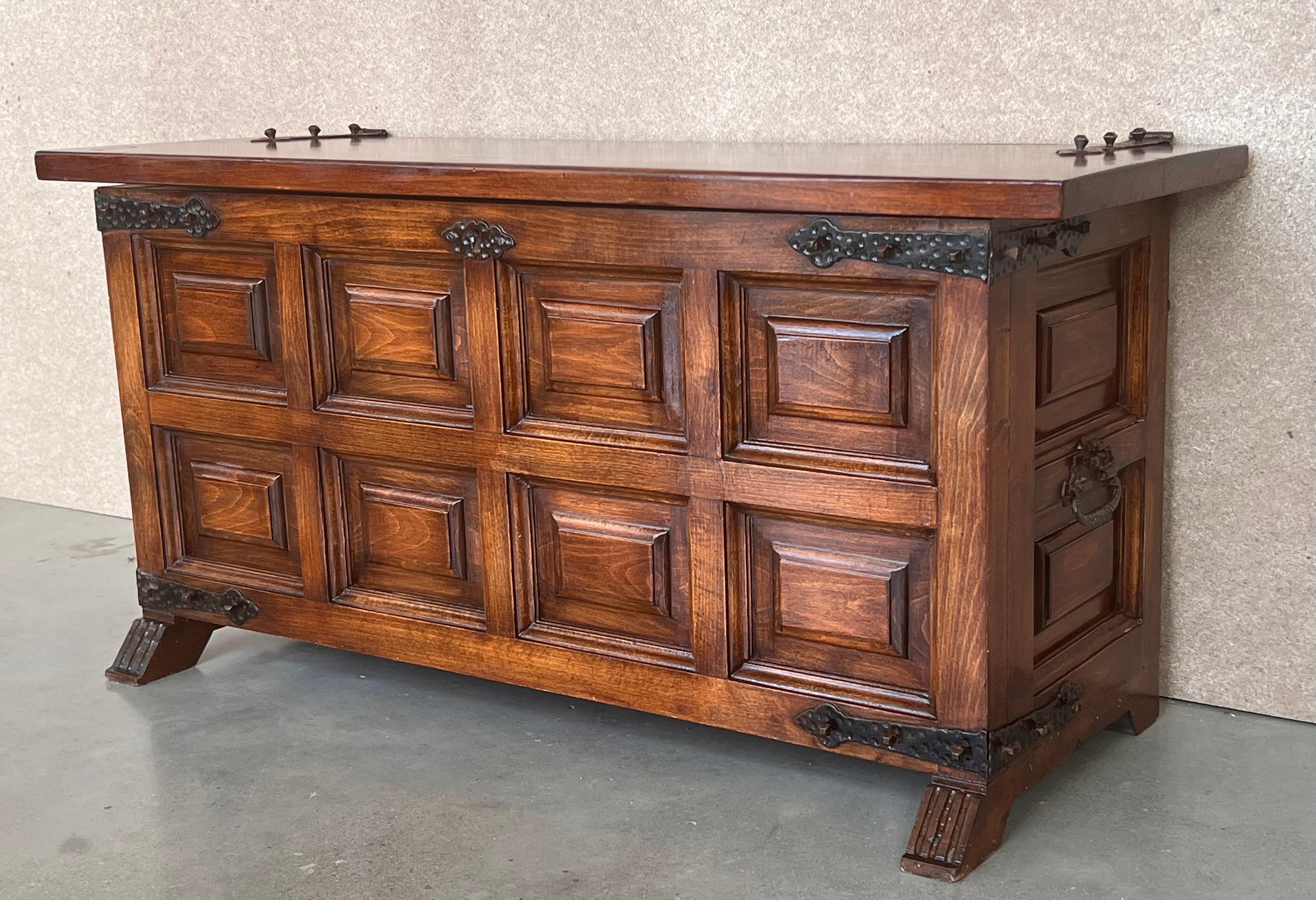 Spanish Colonial 20th Spanish Trunk, Blanket Chest with Raised Wooden Panels and Iron Hardware