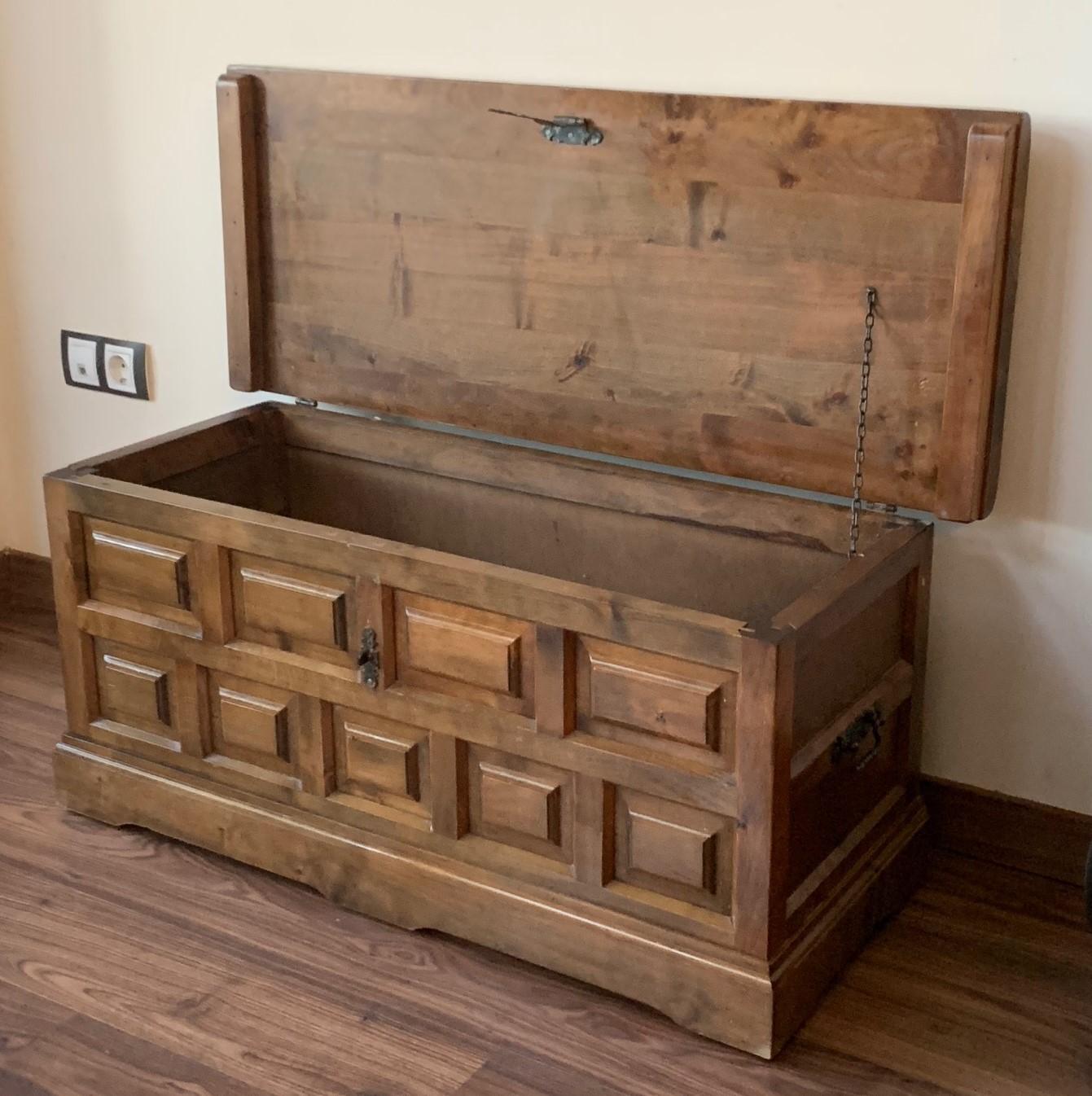 20th Century 20th Spanish Trunk, Blanket Chest with Raised Wooden Panels and Iron Hardware