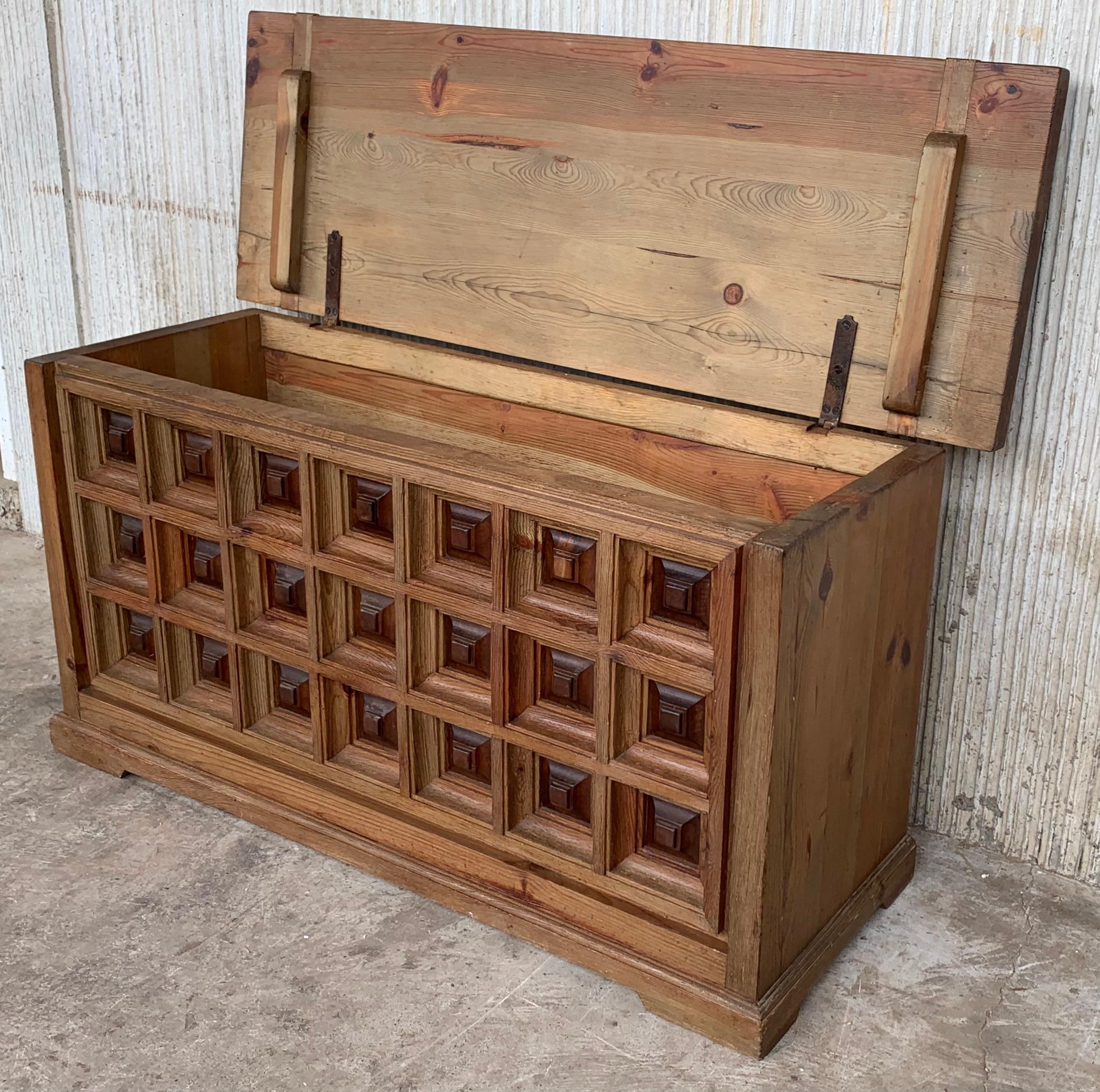 20th Century 20th Spanish Trunk, Blanket Chest with Raised Wooden Panels and Iron Hardware