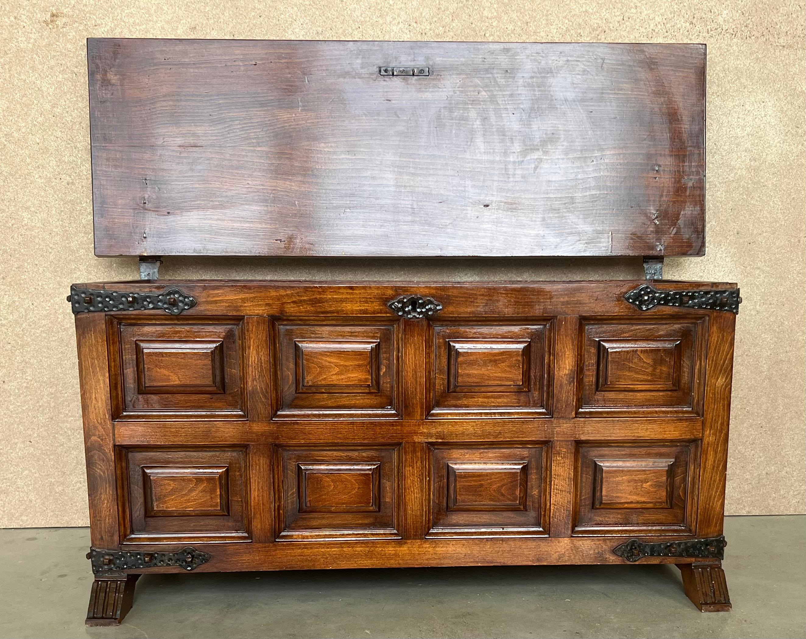 20th Spanish Trunk, Blanket Chest with Raised Wooden Panels and Iron Hardware 3