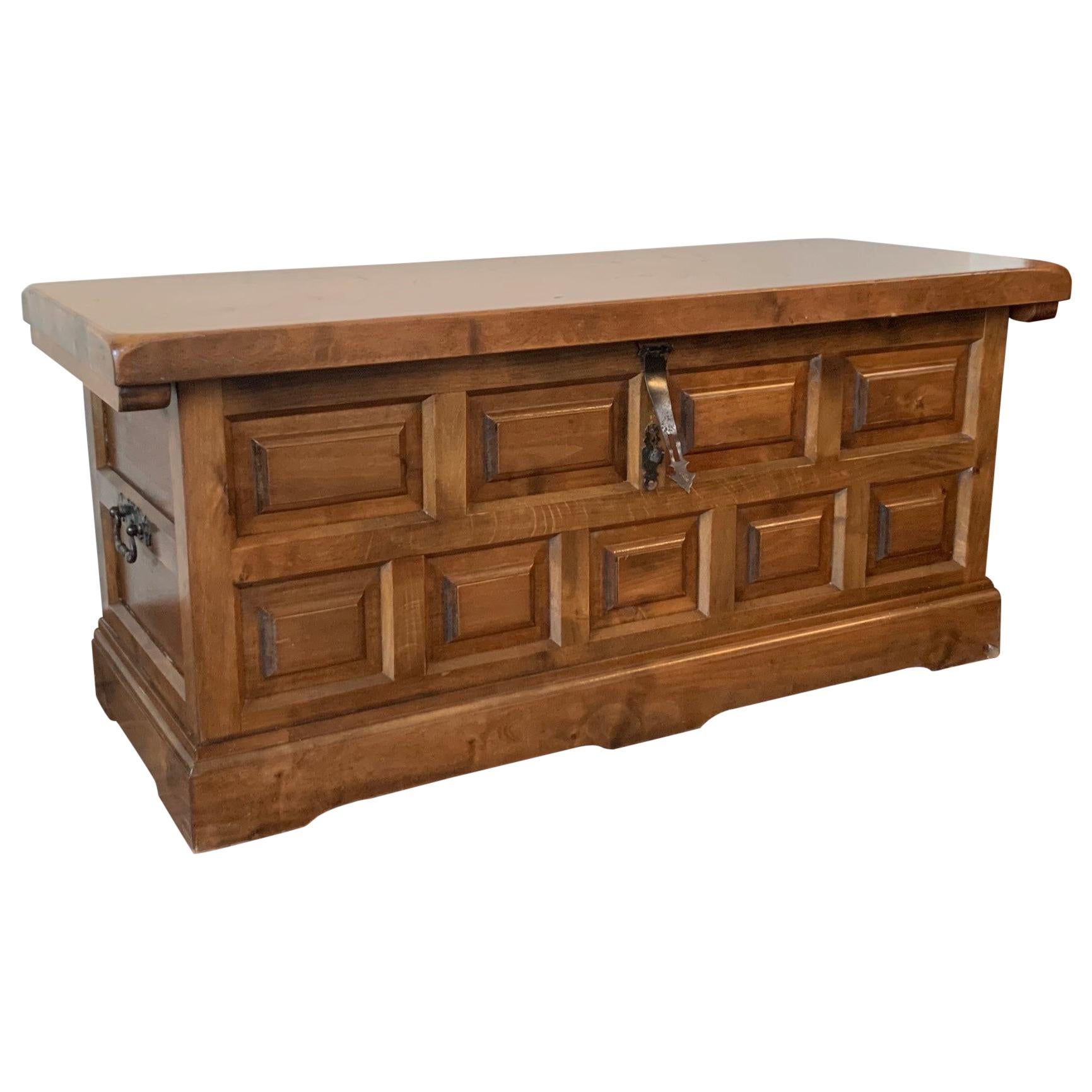 20th Spanish Trunk, Blanket Chest with Raised Wooden Panels and Iron Hardware