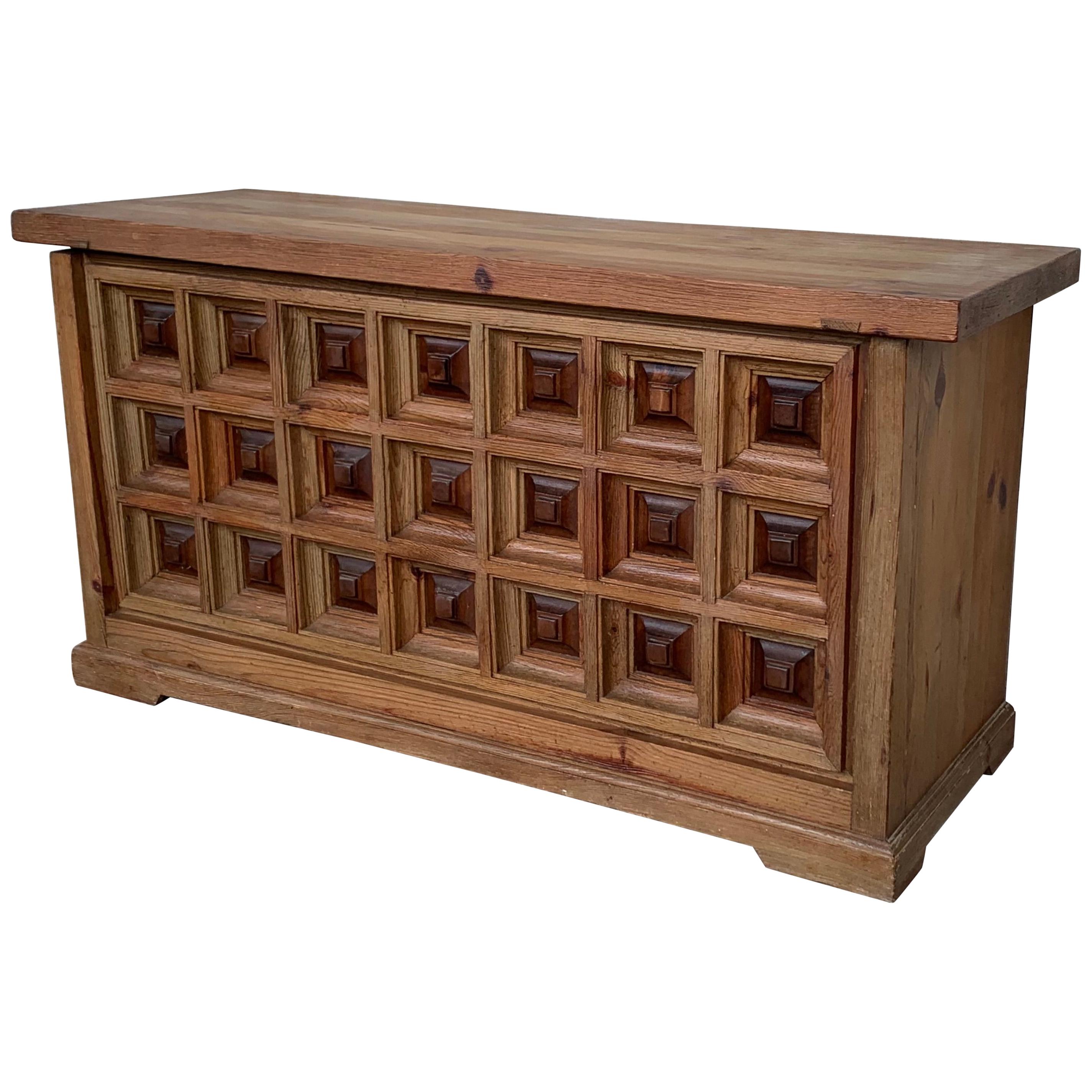20th Spanish Trunk, Blanket Chest with Raised Wooden Panels and Iron Hardware