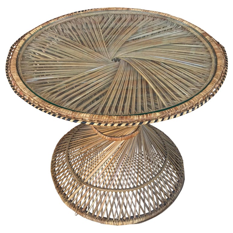 20th Century Spanish Turned Round, Round Bamboo Coffee Table With Glass Top