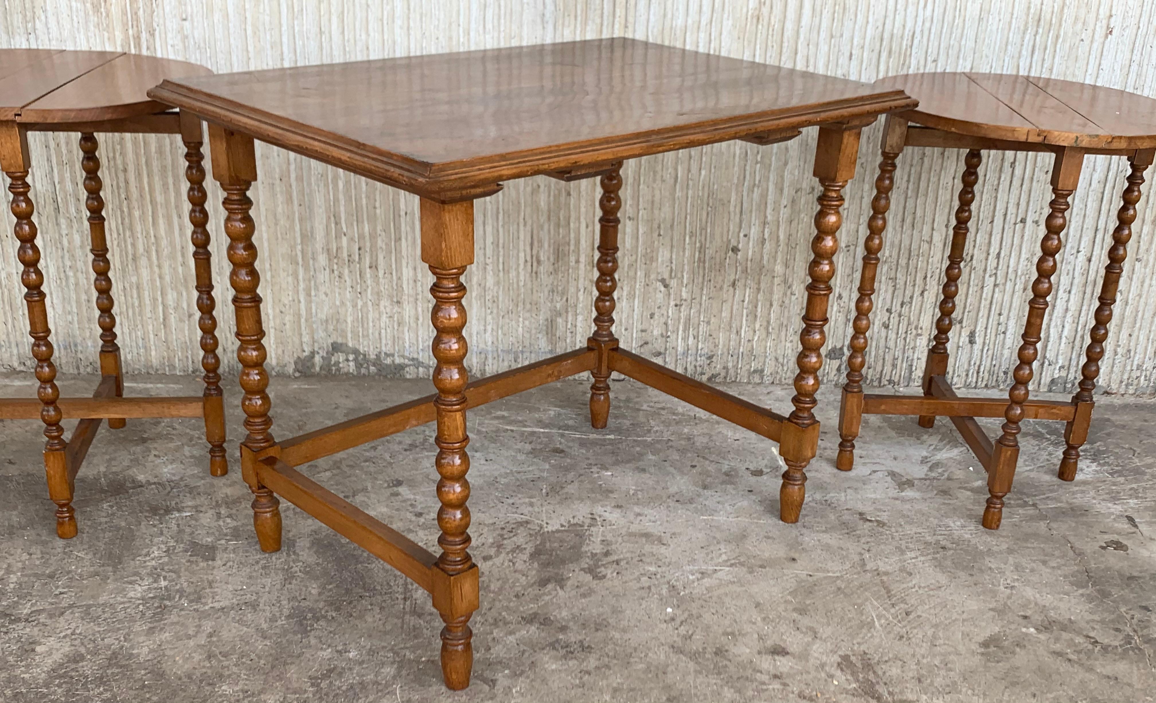 20th Spanish Walnut Nesting and Folding Tables with Turned Legs For Sale 5