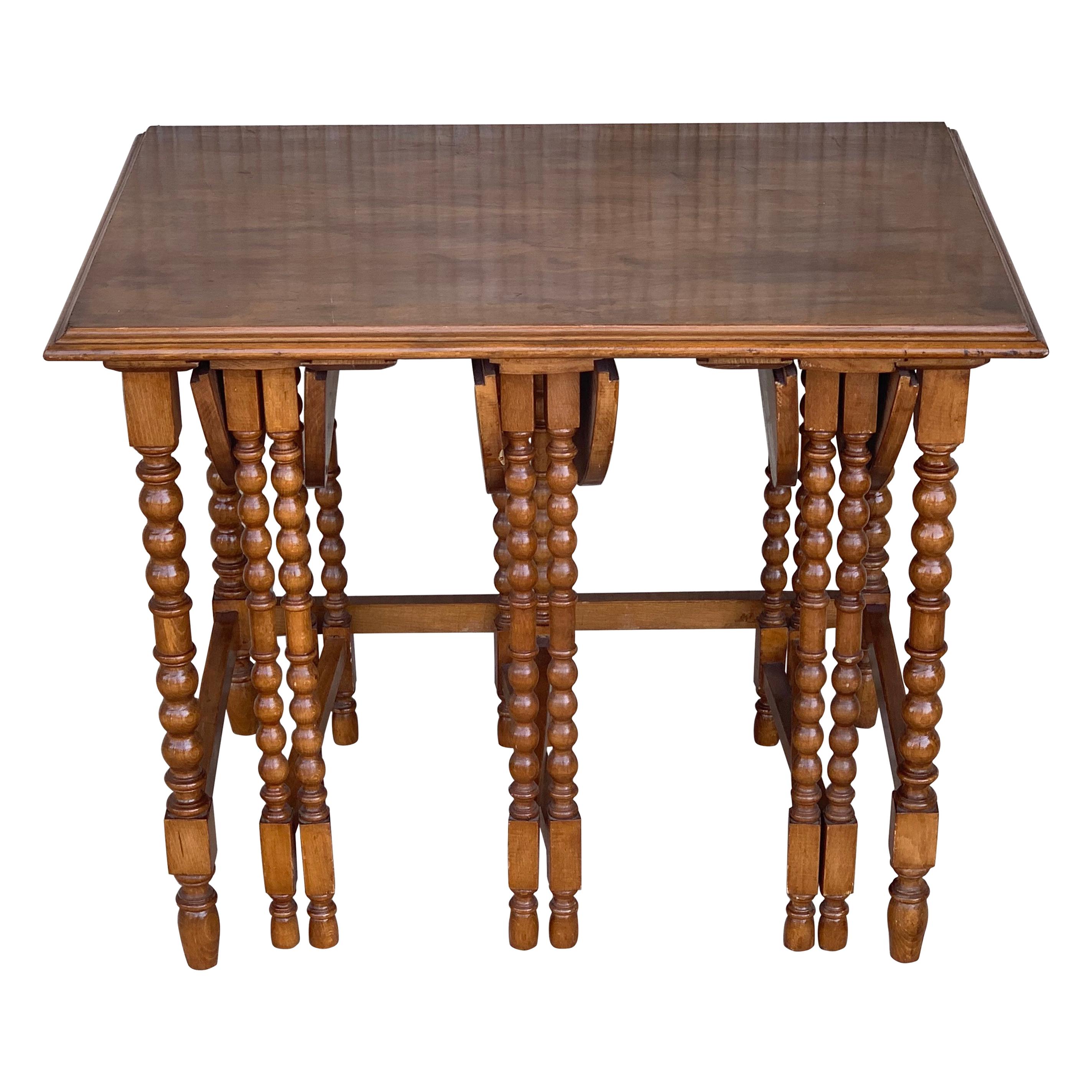 20th Spanish Walnut Nesting and Folding Tables with Turned Legs