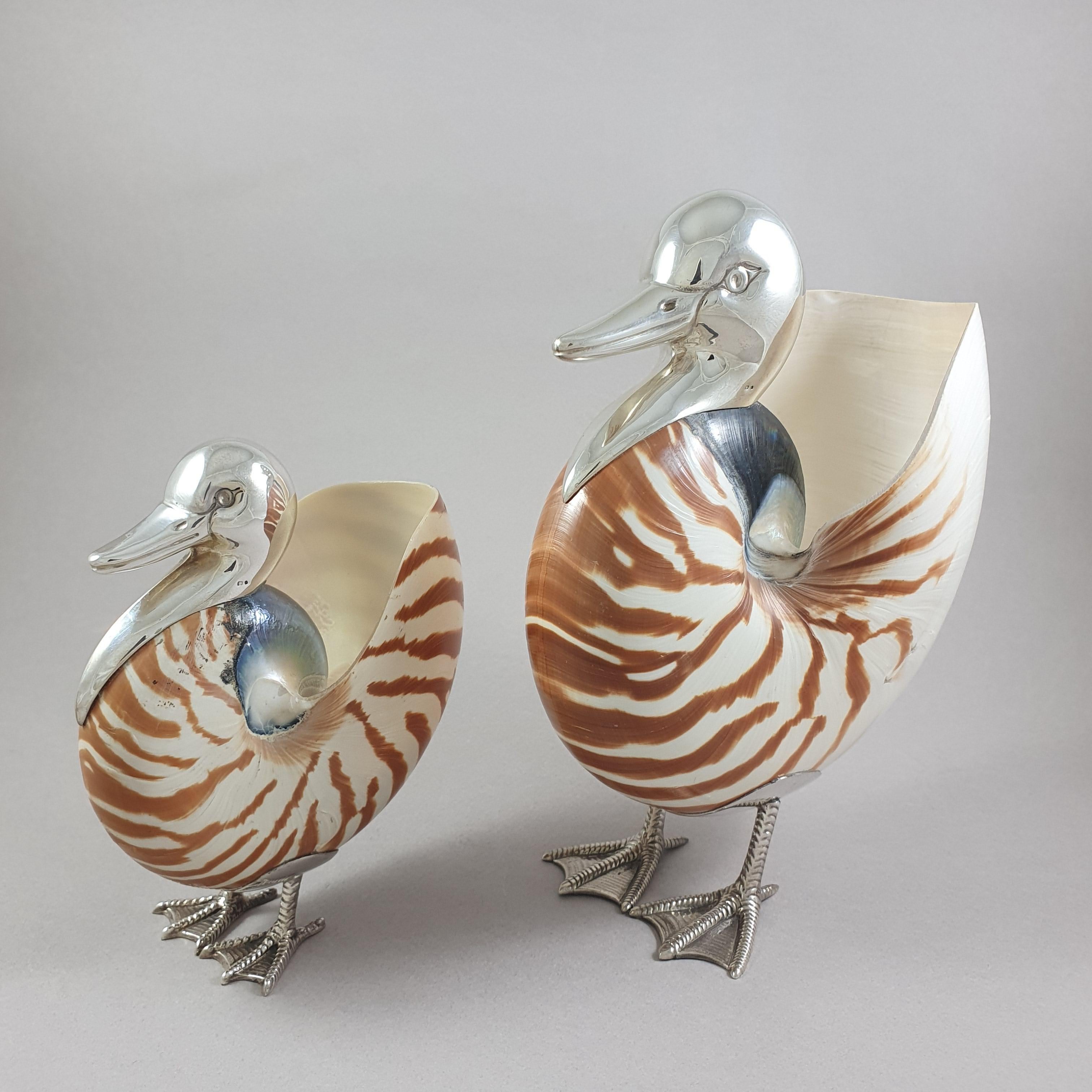 20th Sterling Silver & Shell Ducks Nautilus In Excellent Condition In Saint-Ouen, FR