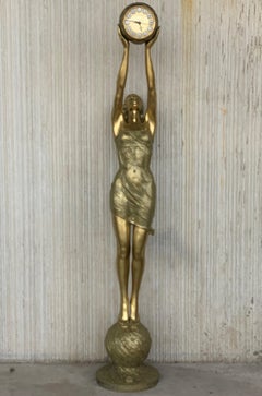 20. Jh. Vidal Grau ***77" Echte Größe Jugendstil Vergoldete Bronze FrauUhr Skulptur