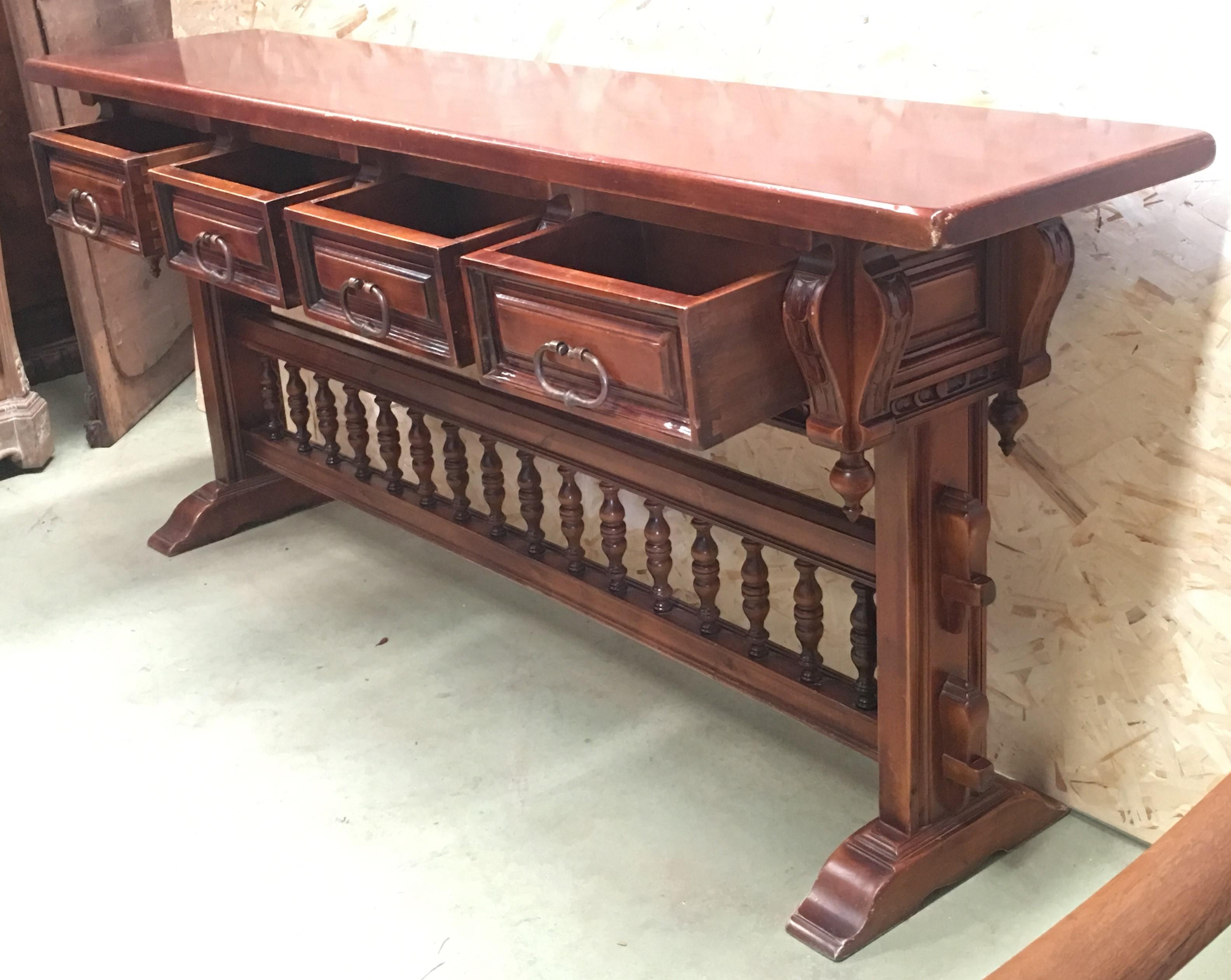 Baroque 20th Century Walnut Console Table with Four Carved Drawers Signed by Valentí For Sale