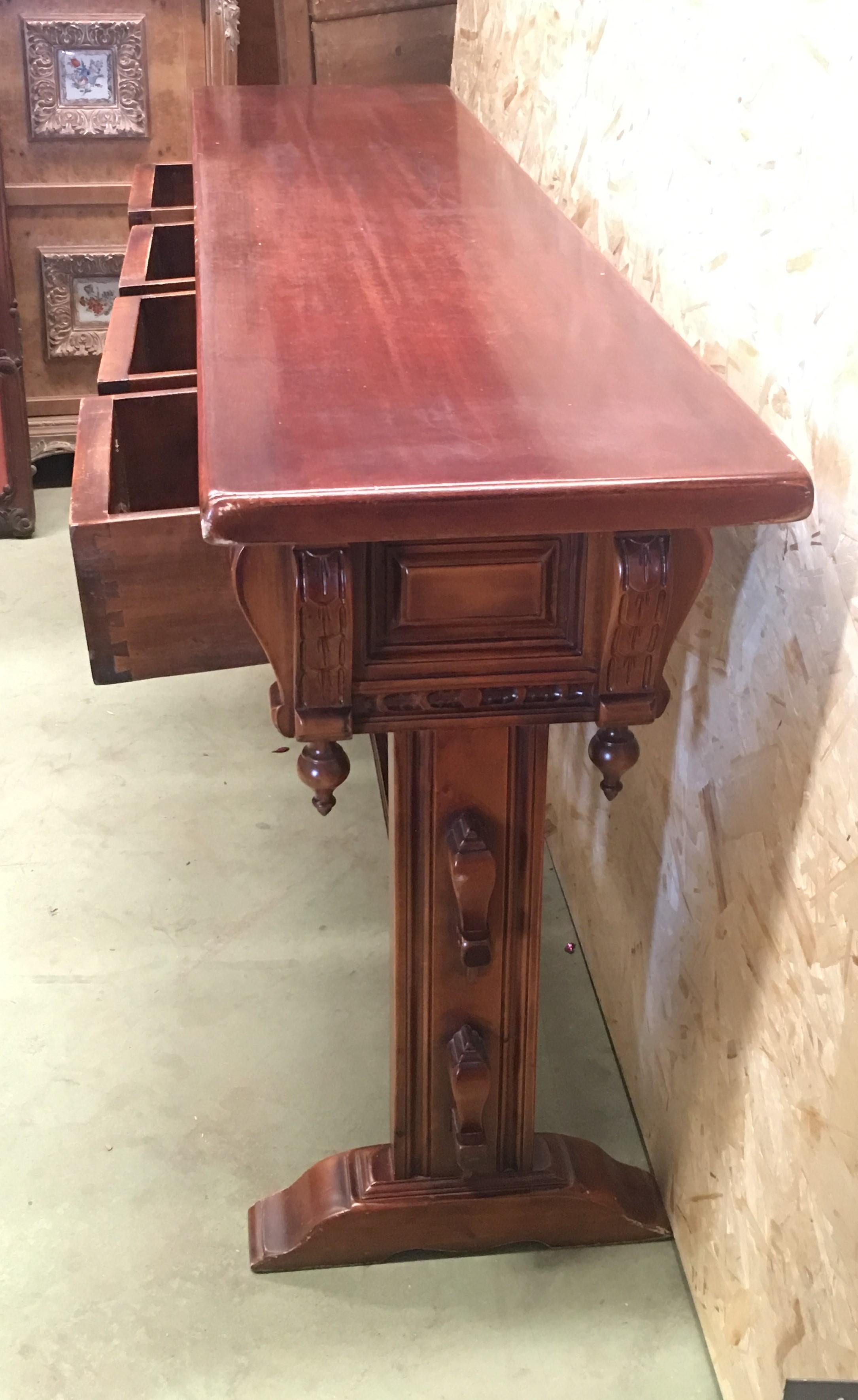 Spanish 20th Century Walnut Console Table with Four Carved Drawers Signed by Valentí For Sale