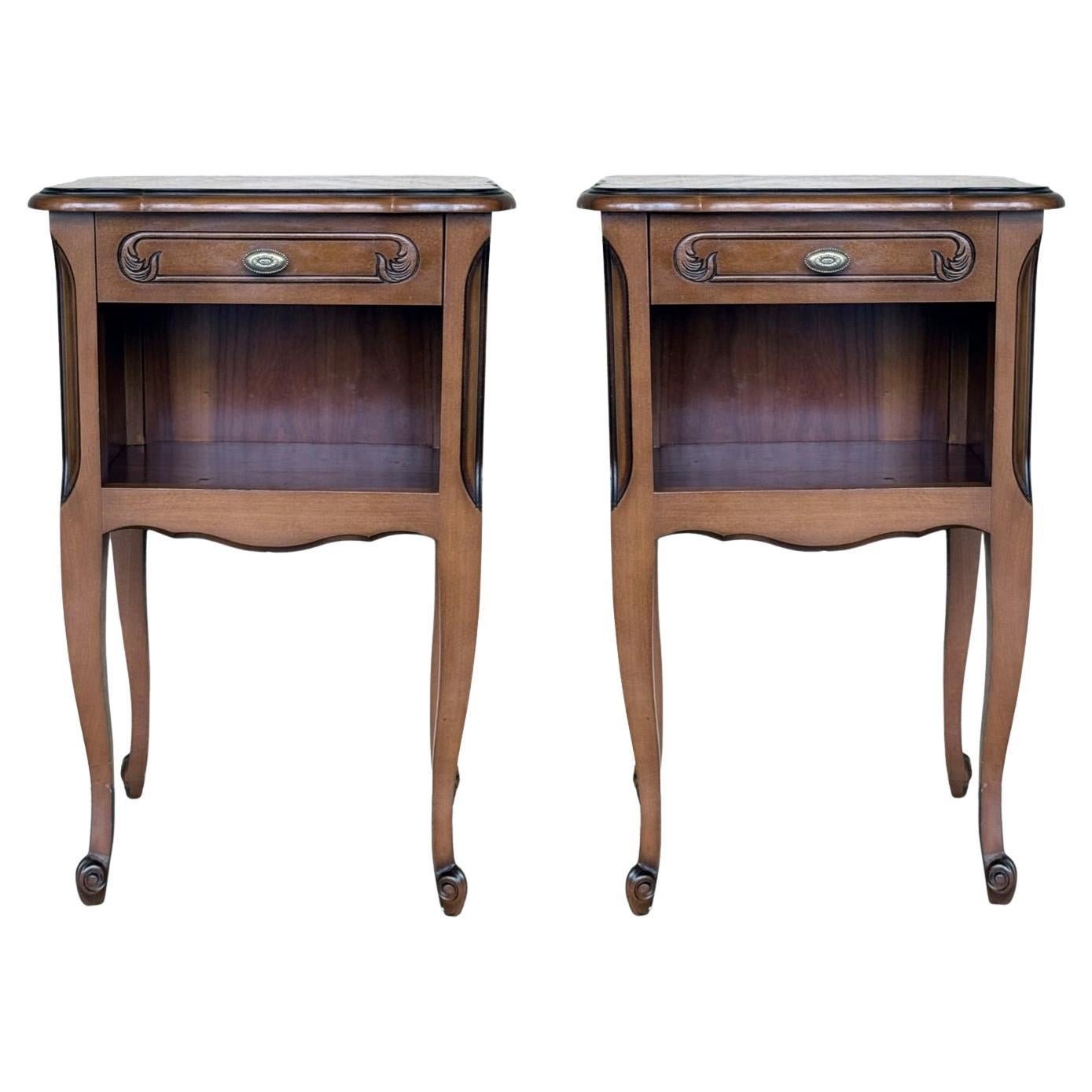 20th Walnut Nightstands Tables With Drawer And Open Shelf, 1940