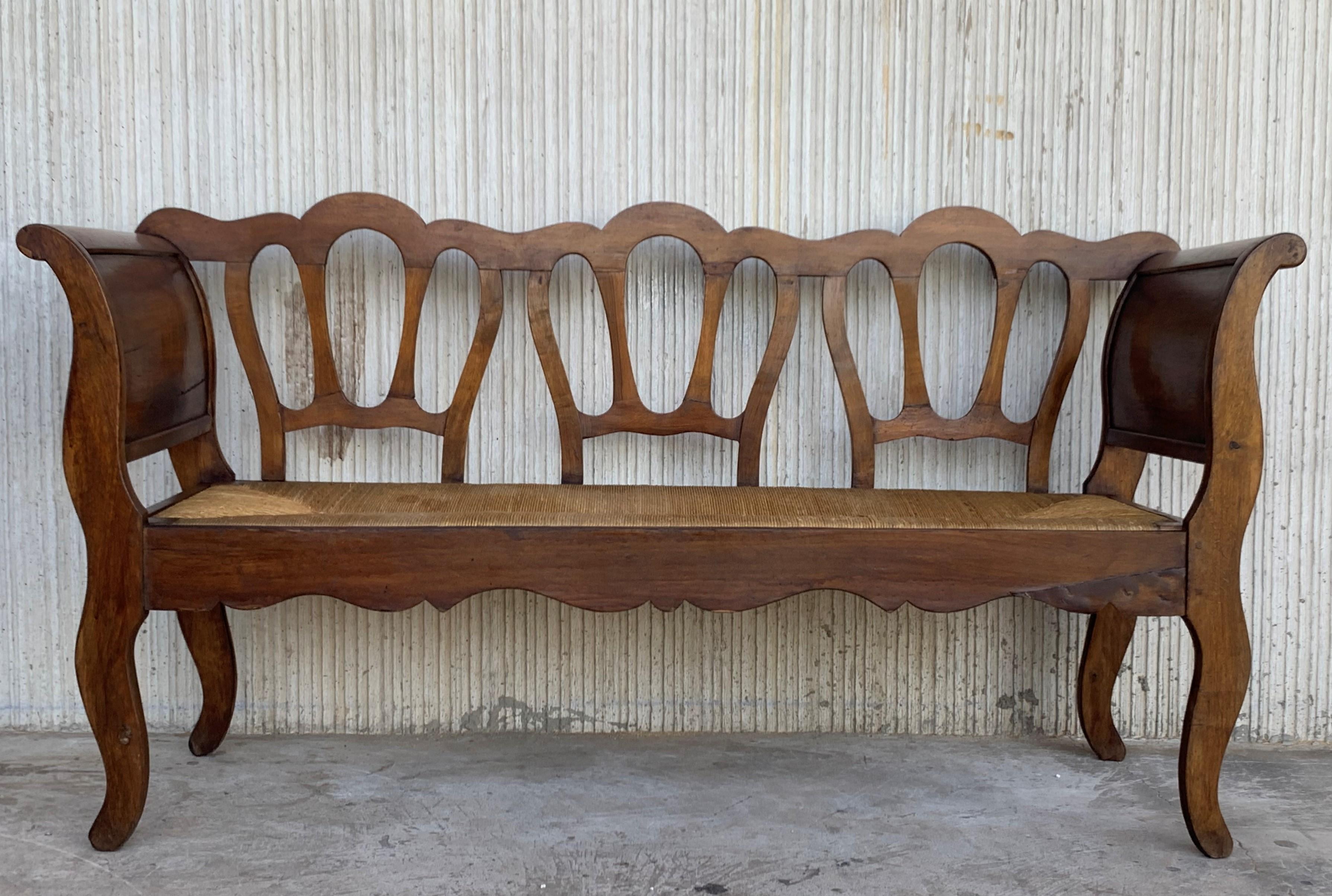 Antique 19th century English Victorian bench.
Listing features cabriole legs, caned seats, balloon backs, solid wood construction, beautiful wood grain, very nice antique item, circa 19th century.

Bench dimensions: H 33.26in, W 62.2in, D