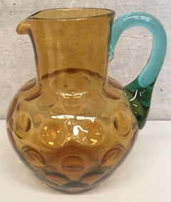 20th Water Jug or Glass Pitcher in Yellow and Blue Murano Glass