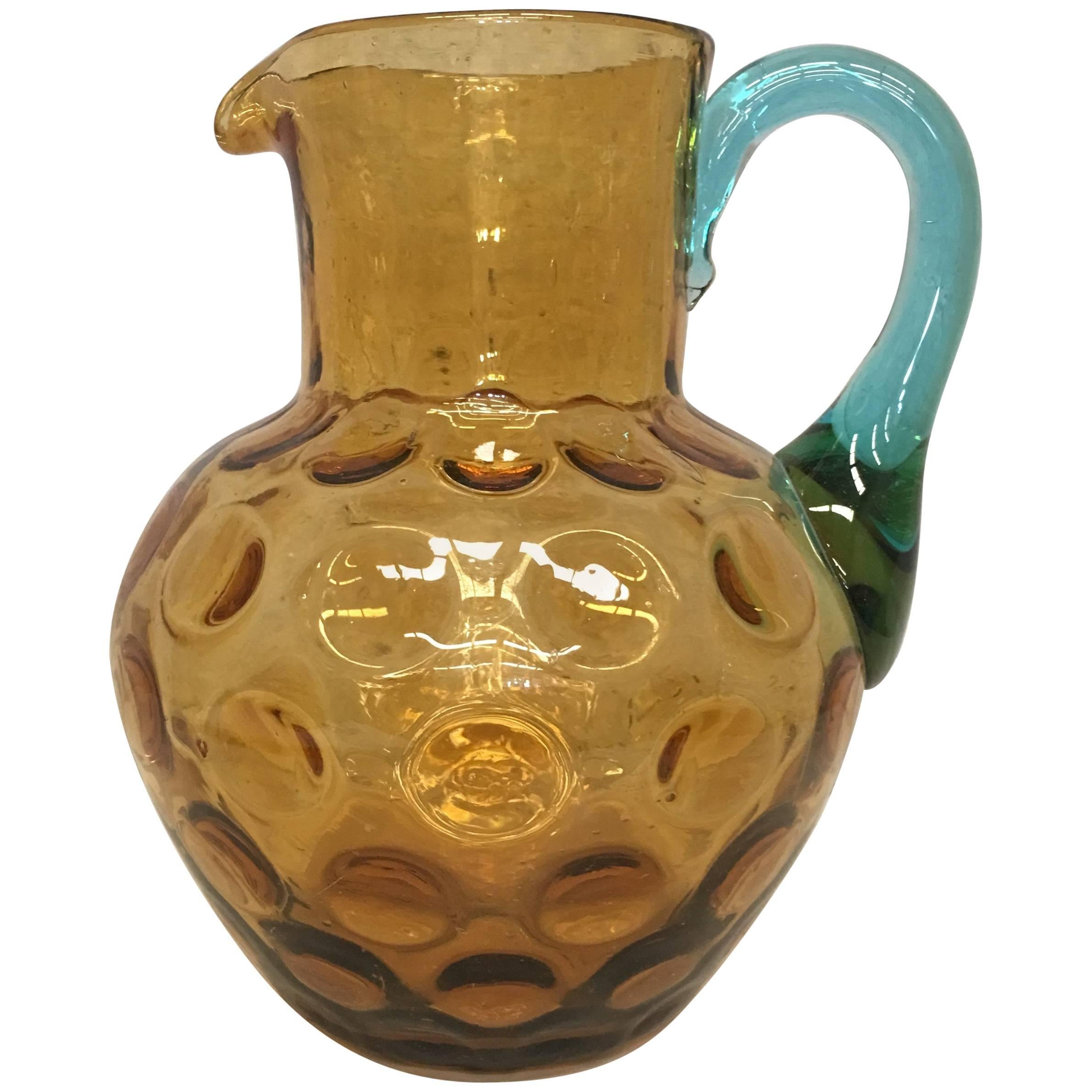 20th Water Jug or Glass Pitcher in Yellow and Blue Murano Glass at