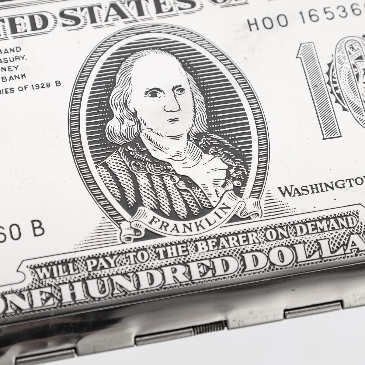 Portasigarette e accendino americano placcato argento del XX secolo a forma di cento dollari in vendita 12