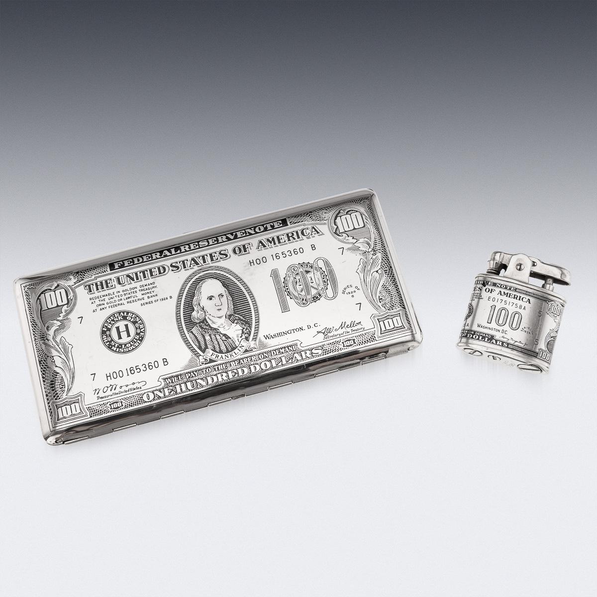 Altro Portasigarette e accendino americano placcato argento del XX secolo a forma di cento dollari in vendita