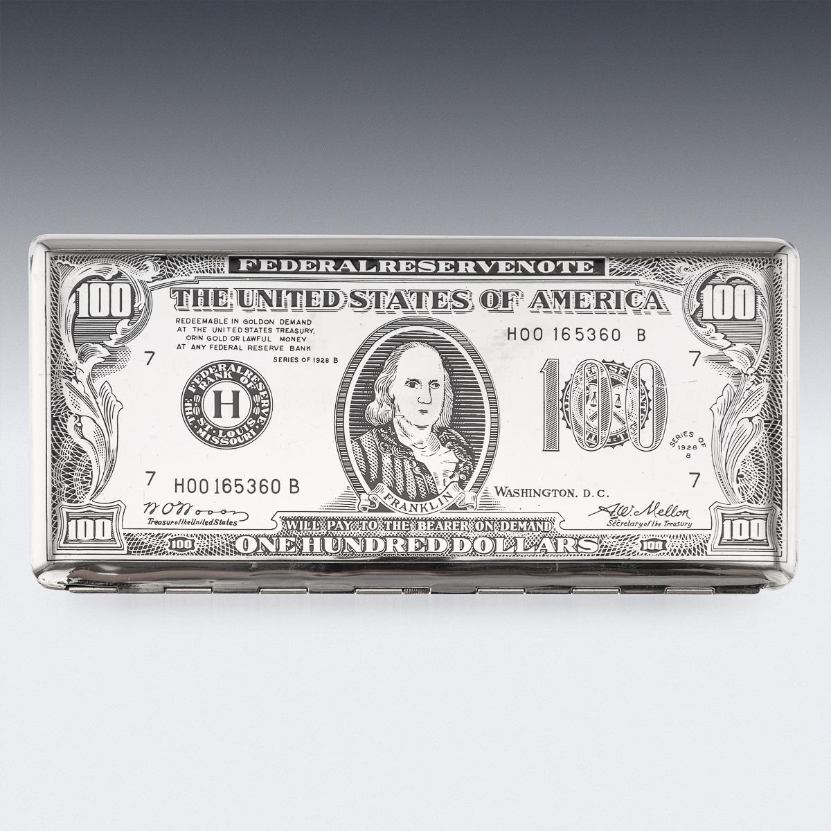 Americano Portasigarette e accendino americano placcato argento del XX secolo a forma di cento dollari in vendita