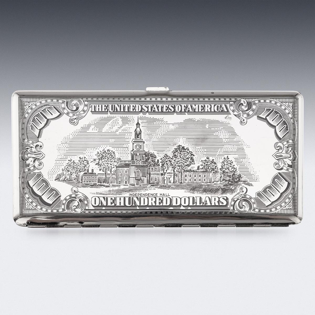 Portasigarette e accendino americano placcato argento del XX secolo a forma di cento dollari In condizioni buone in vendita a Royal Tunbridge Wells, Kent