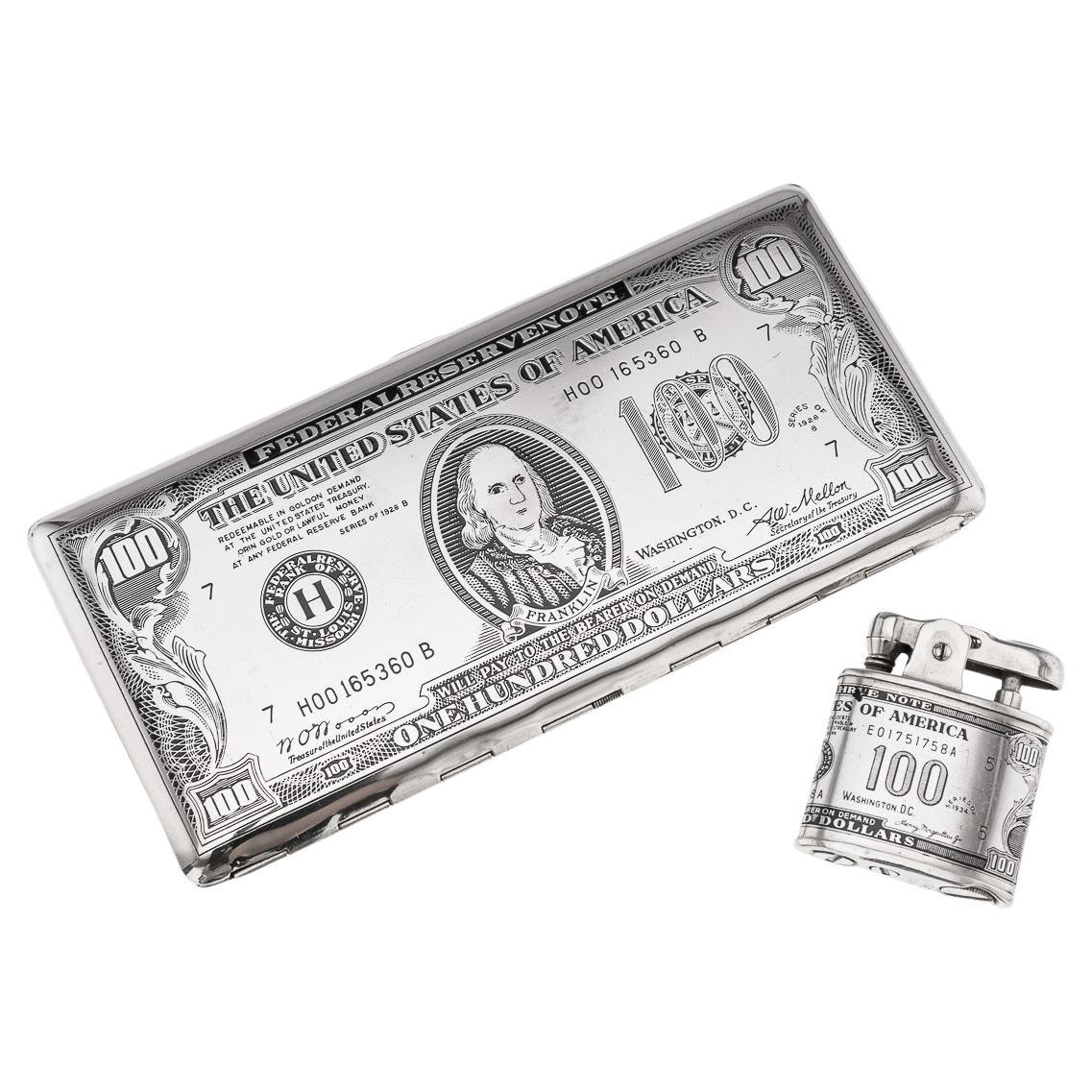 20thC American Silver-Plated Cigarette Case & Lighter Shaped As A Hundred Dollar