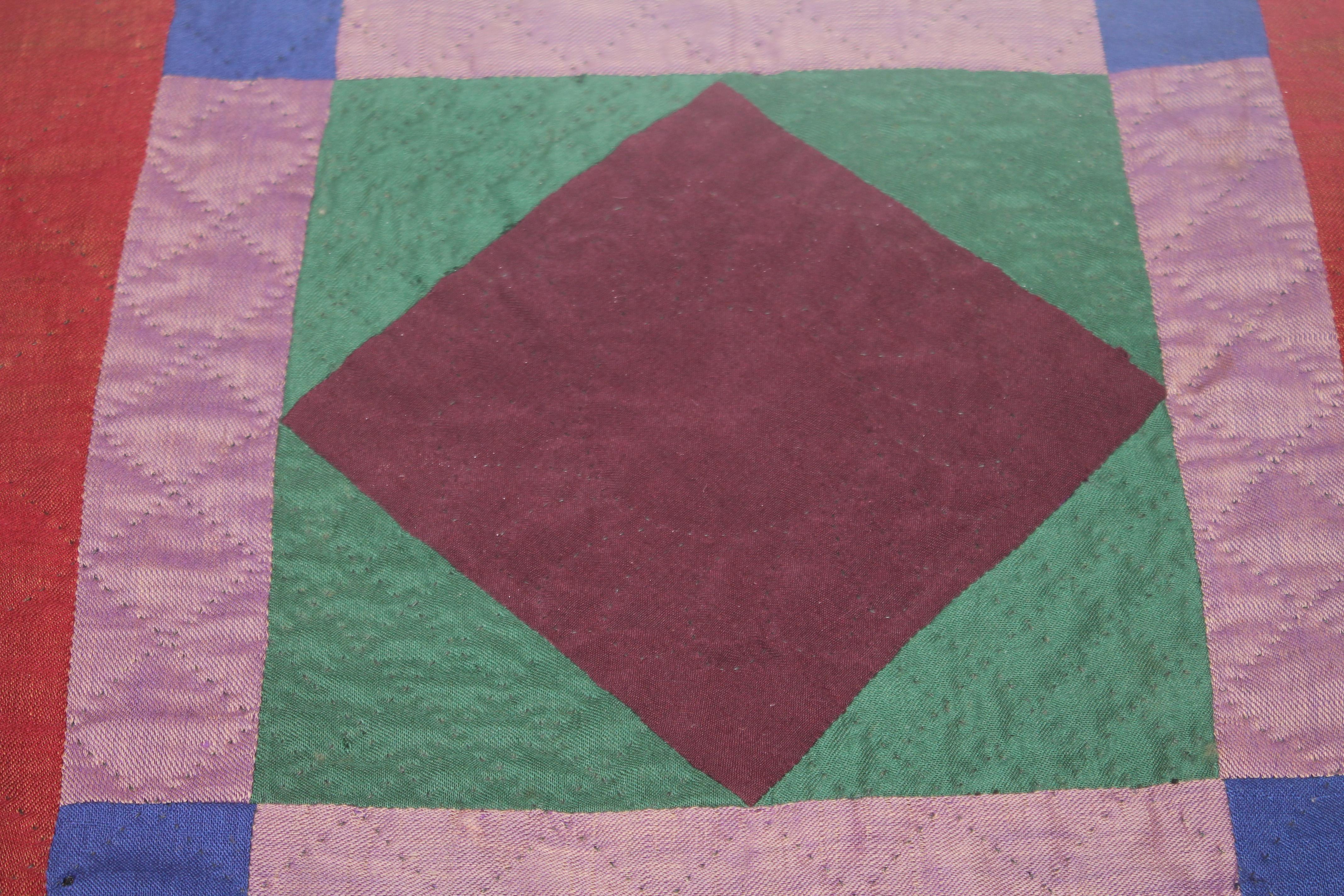 Hand-Crafted 20thc Amish Wool Diamond in a Square Doll Quilt, Mounted