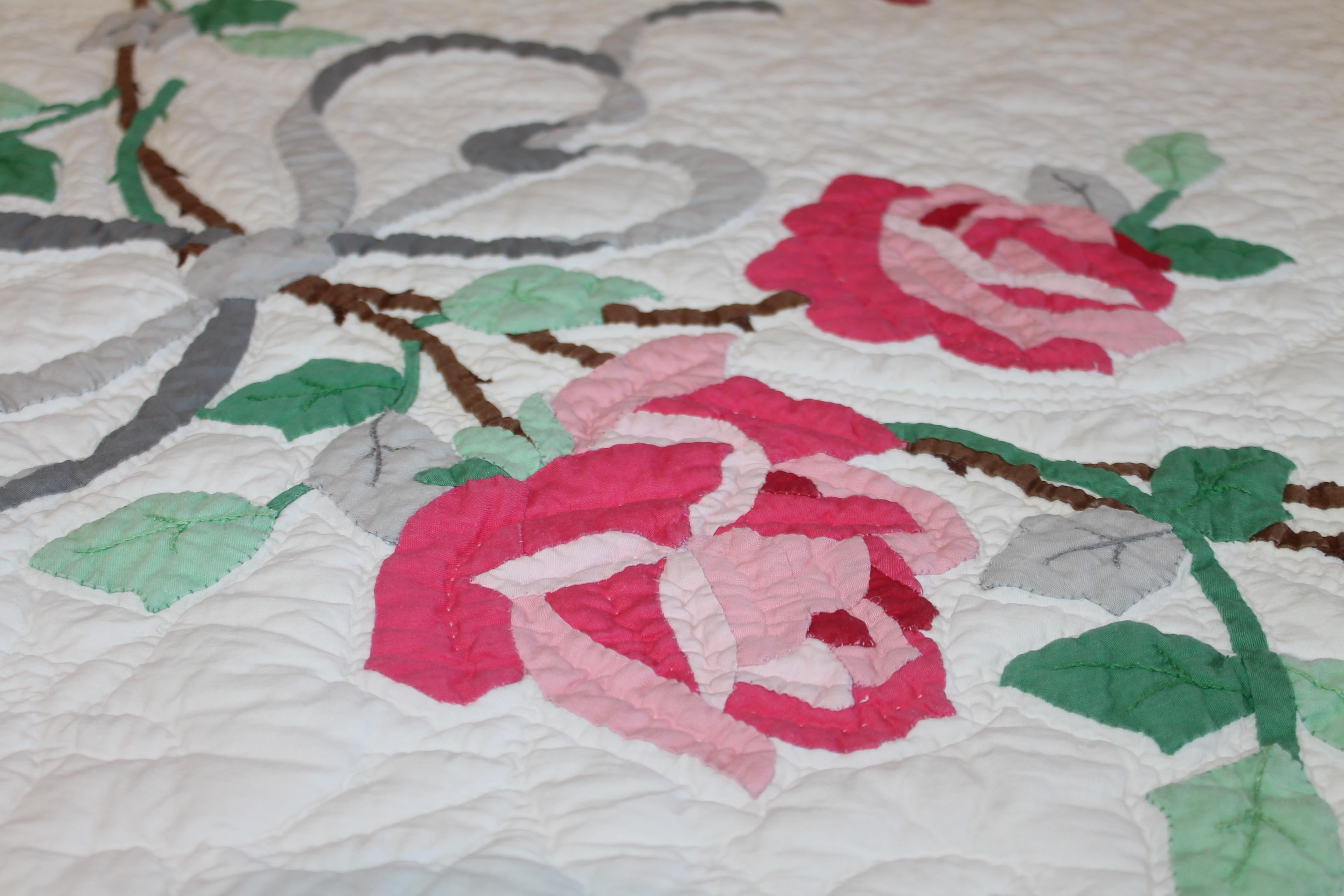 American 20thc Applique Roses Quilt For Sale