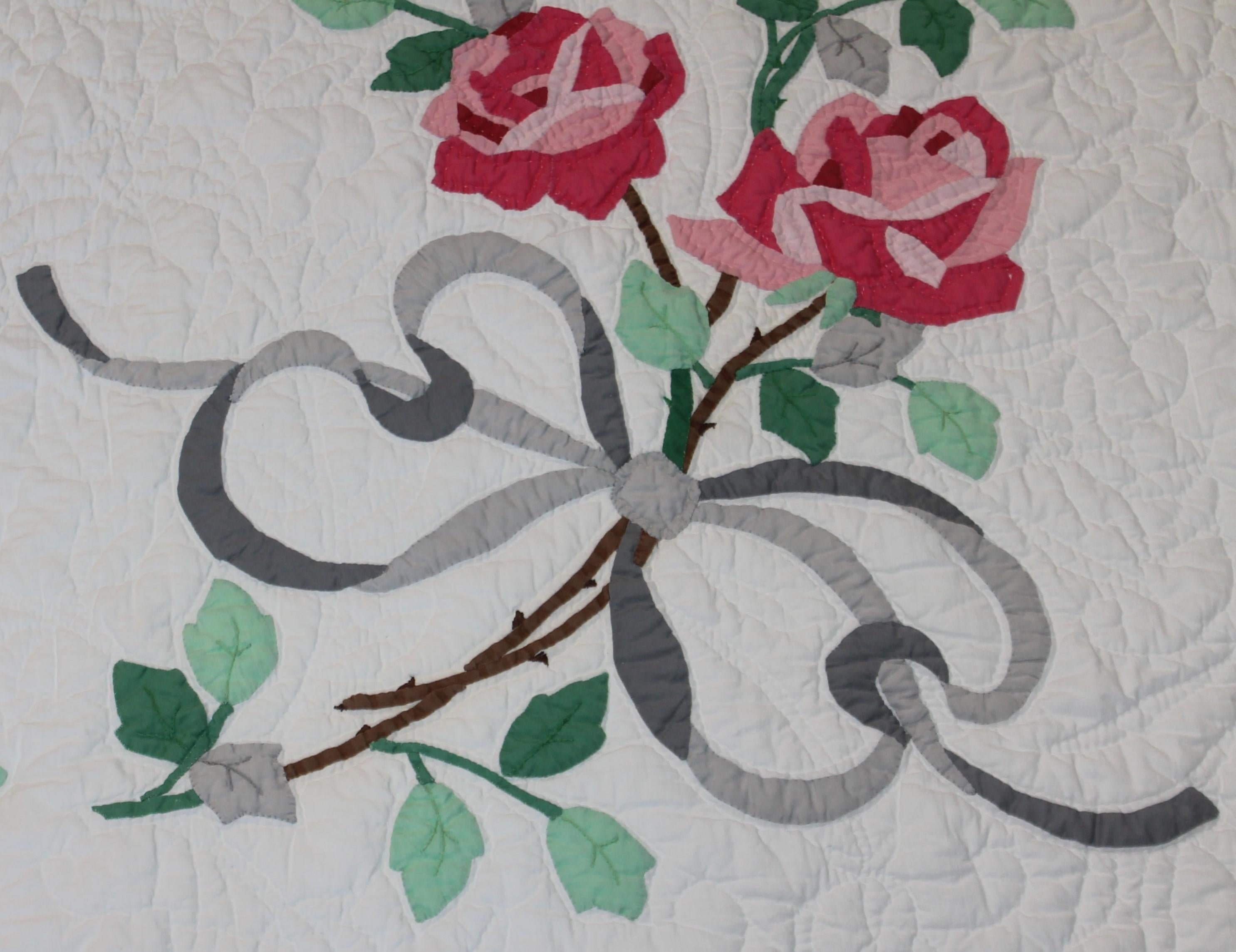 Hand-Crafted 20Thc Applique Roses Quilt