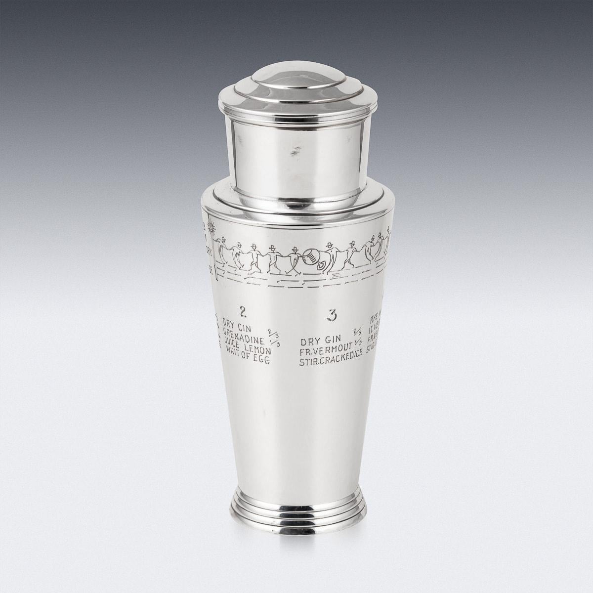 A superb 20th Century classic Art Deco silver plated cocktail shaker, dating back to the 1930's. Designed by Keith Murray for Mappin & Webb. This piece has six cocktail menus engraved around the body, including some rarer American cocktails such as