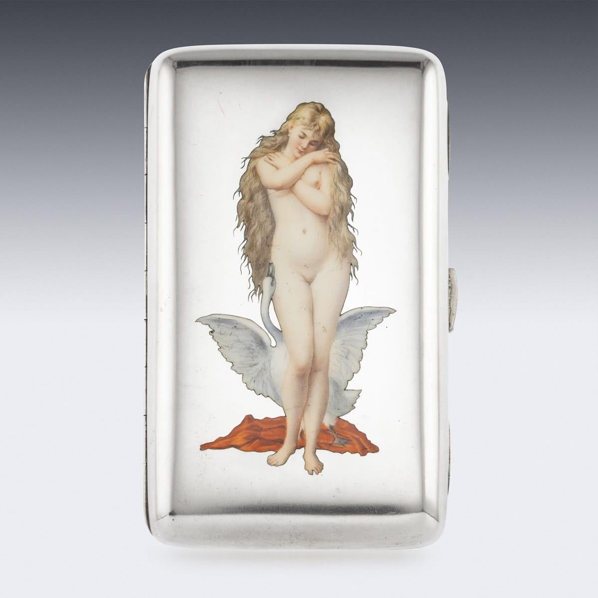Antique early 20th century Austrian large and exceptional solid silver and enamel cigar case, of rounded rectangular form, the surface applied with multi-colored and shaded enamels depicting Leda and the Swan, the reverse is plain, the inside is
