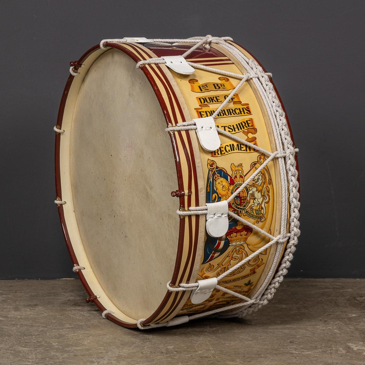 A well preserved 20th Century bass drum from the 1st Battalion of the Duke of Edinburgh's Wiltshire Regiment, dating back to around 1970. This drum is hand painted with the regimental insignia and various artworks from the tours of Africa. A superb