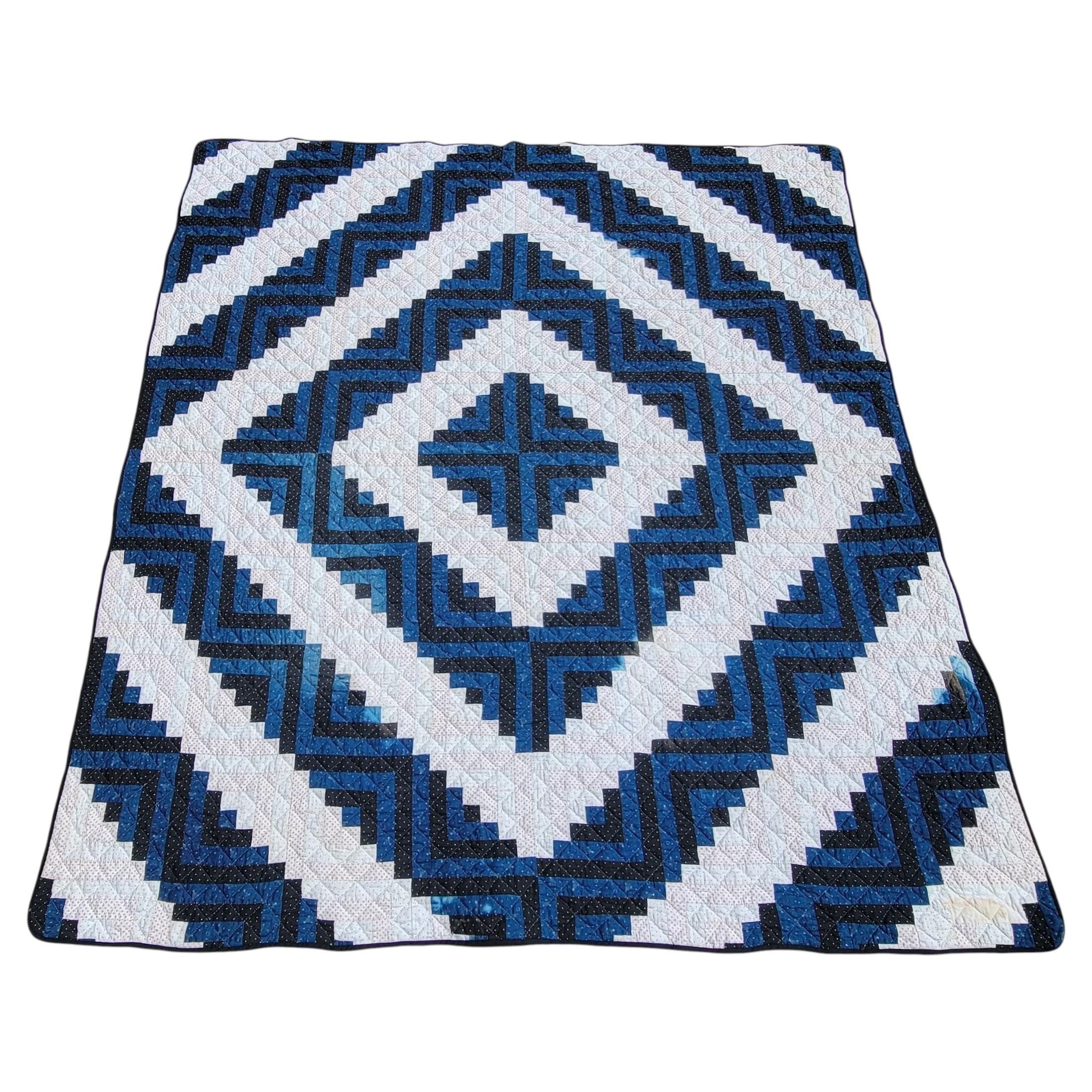 20thc Blue & White Log Cabine Quilt
