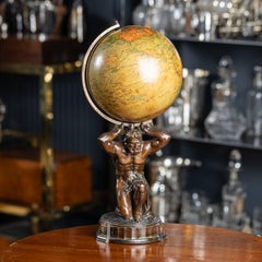 20thC British "Geographica" Globe Held By Bronze Atlas Statue c.1920