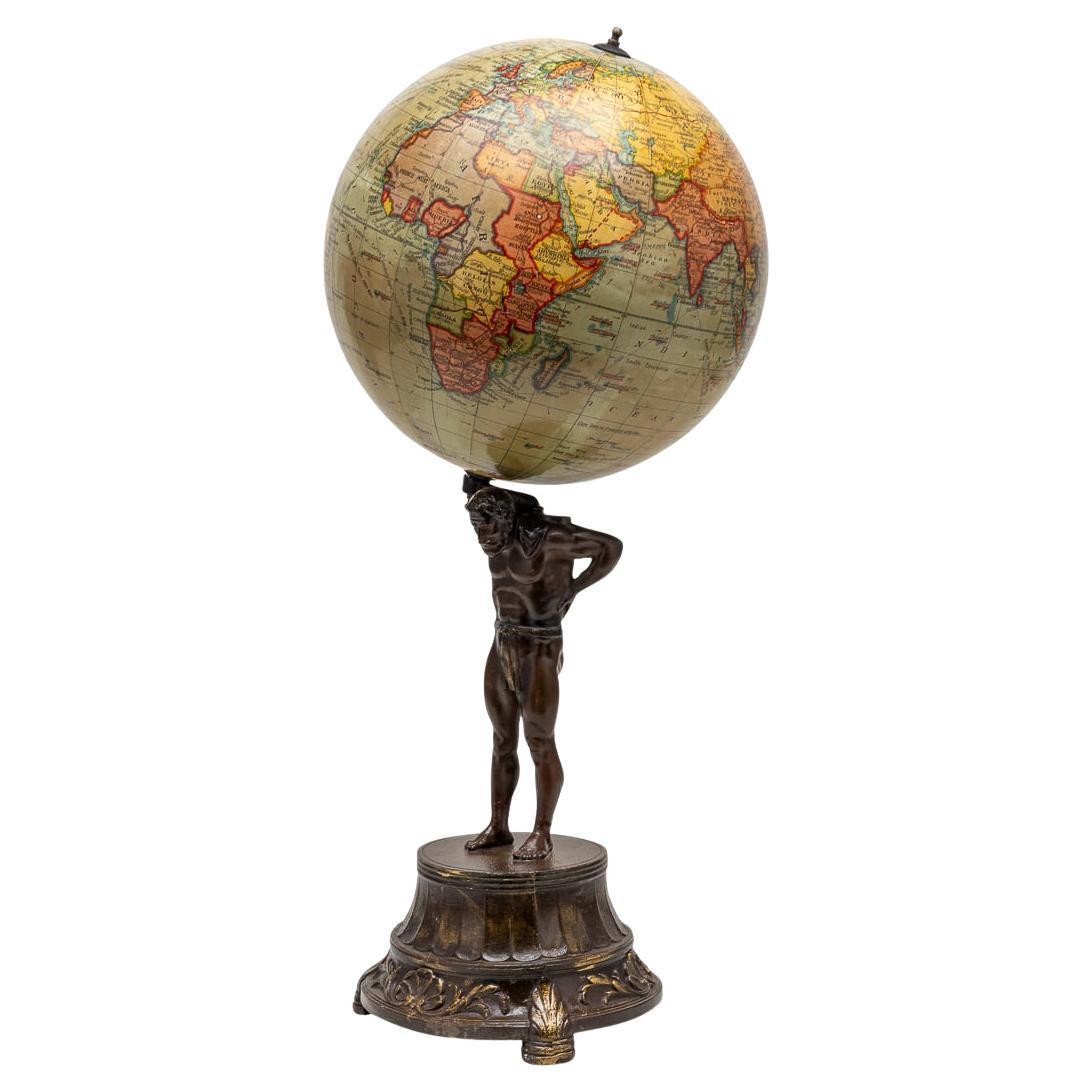 20thC British "Geographica" Globe Held By Bronze Atlas Statue c.1920