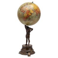 20thC British "Geographica" Globe Held By Bronze Atlas Statue c.1920