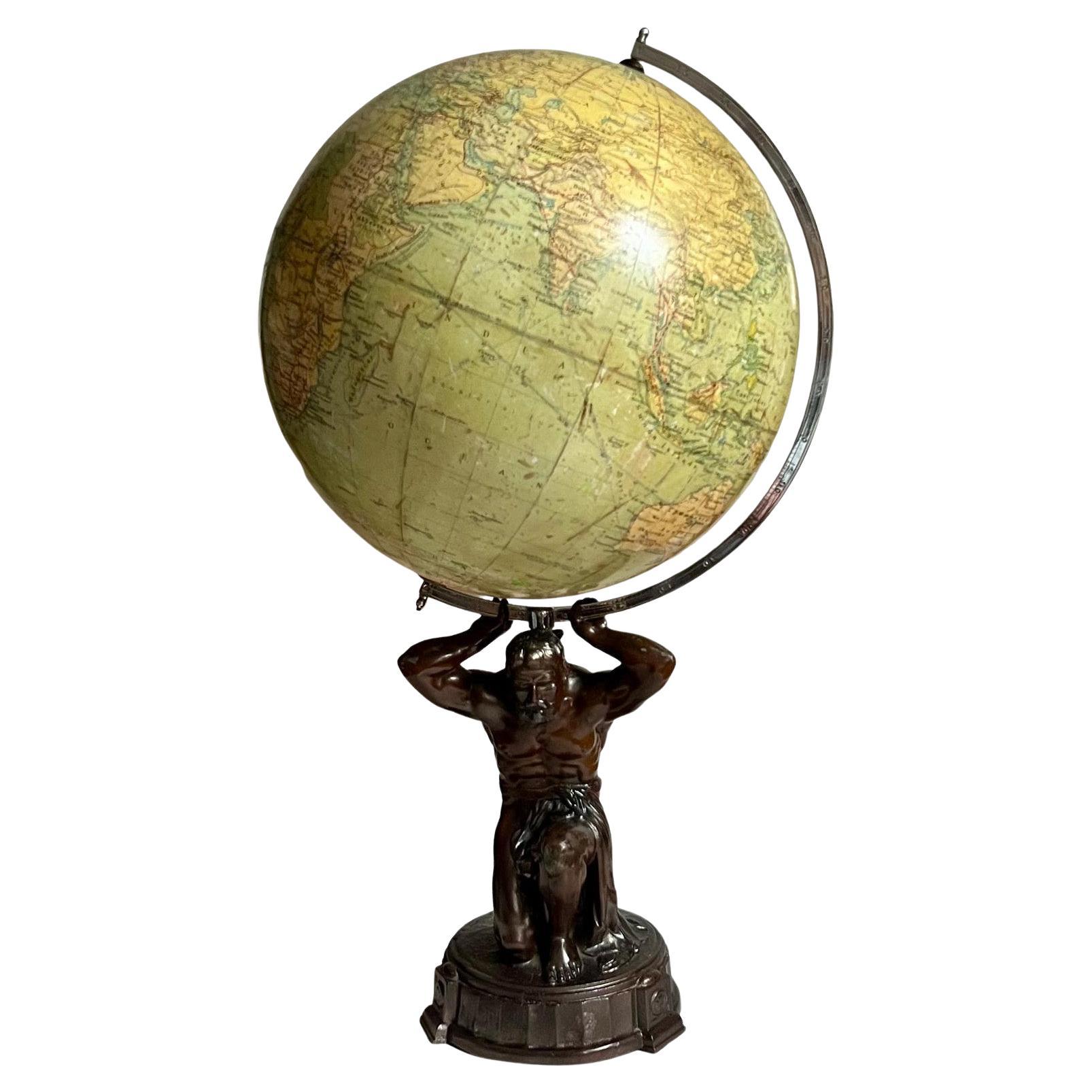 20thC British "Geographica" Globe Held By Bronze Atlas Statue c.1920 For Sale