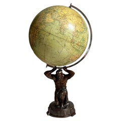 20thC British "Geographica" Globe Held By Bronze Atlas Statue c.1920