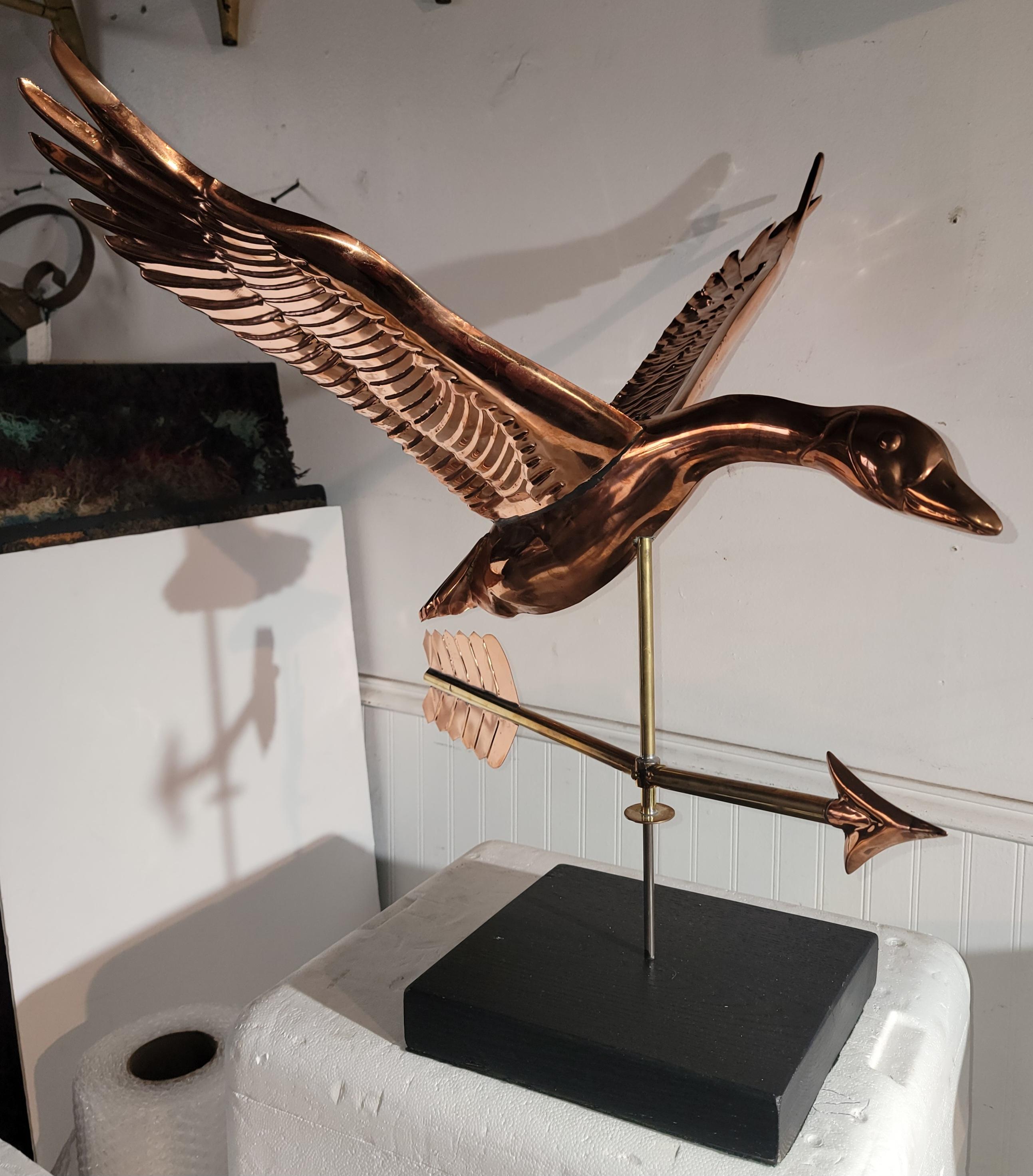 20Thc Copper & brass flying geese weather vane.This Canadian  goose weather vane is a latter version of the 19thc weather vane.