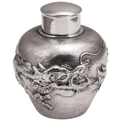 20th Century Chinese Solid Silver Dragon Tea Caddy, Houcheong, Canton circa 1880