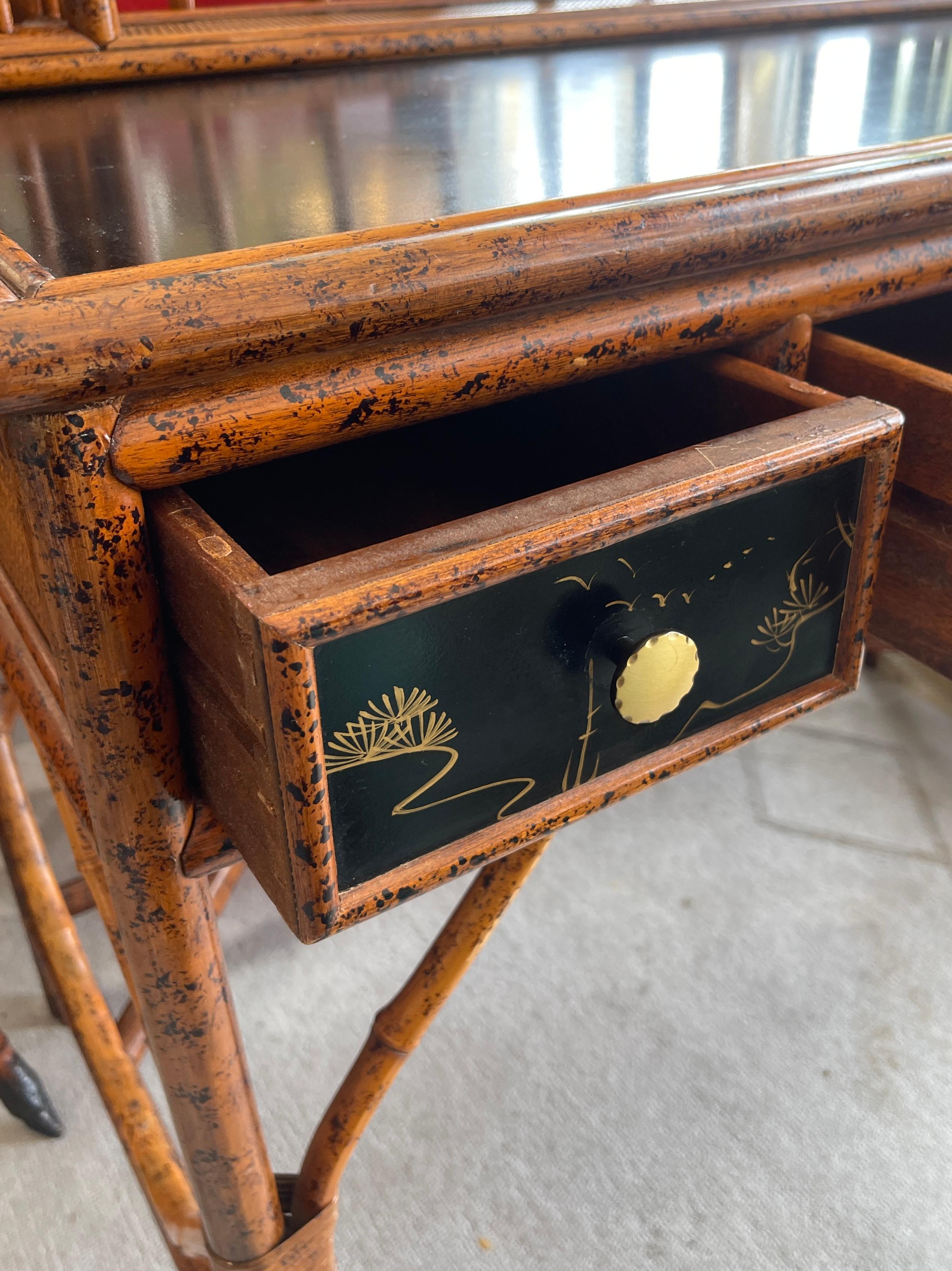 20Th.C. Chinoiserie Bamboo, Rattan  & Black  Lacquer Writing  Desk 6