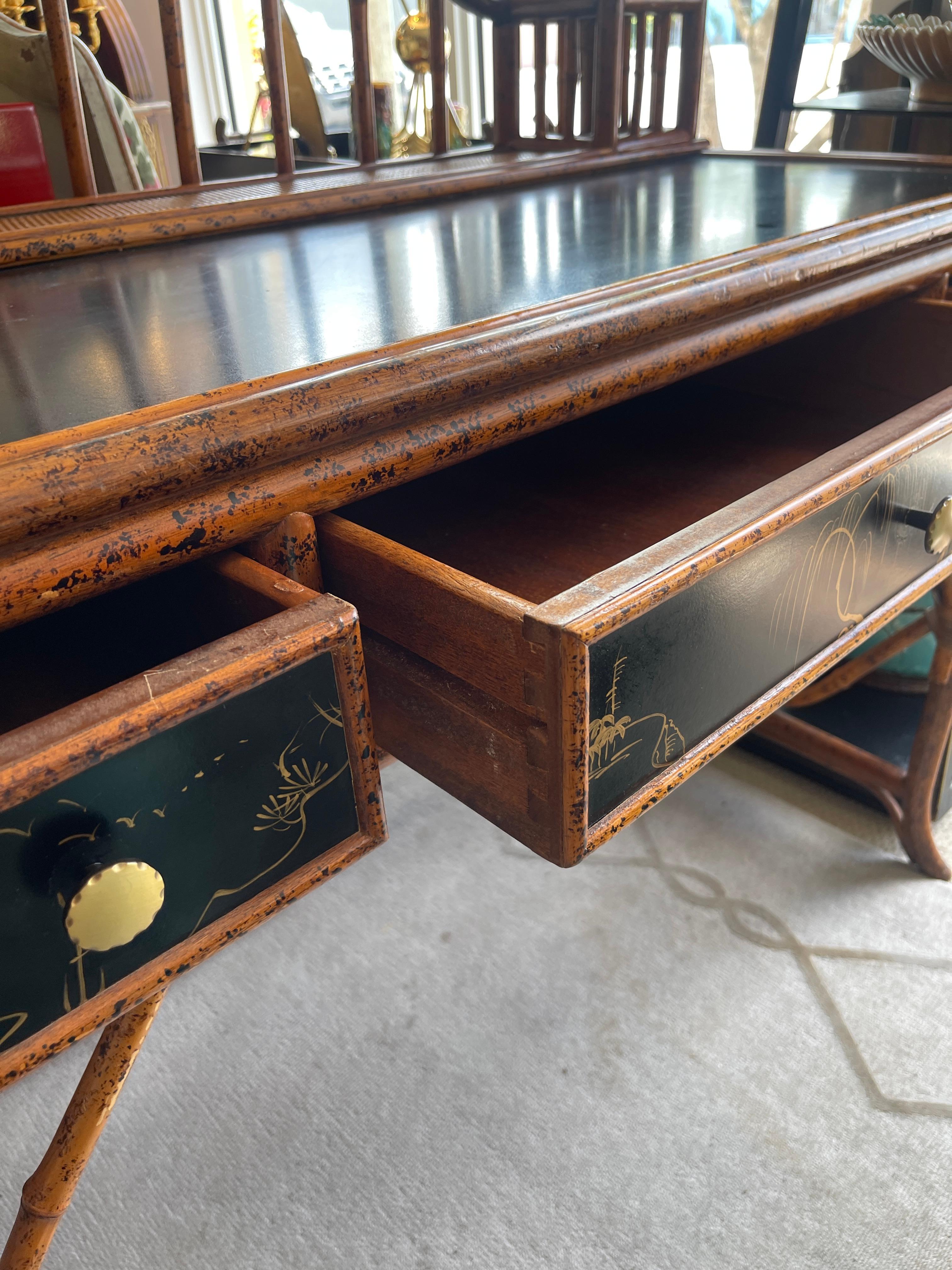 20Th.C. Chinoiserie Bamboo, Rattan  & Black  Lacquer Writing  Desk 8