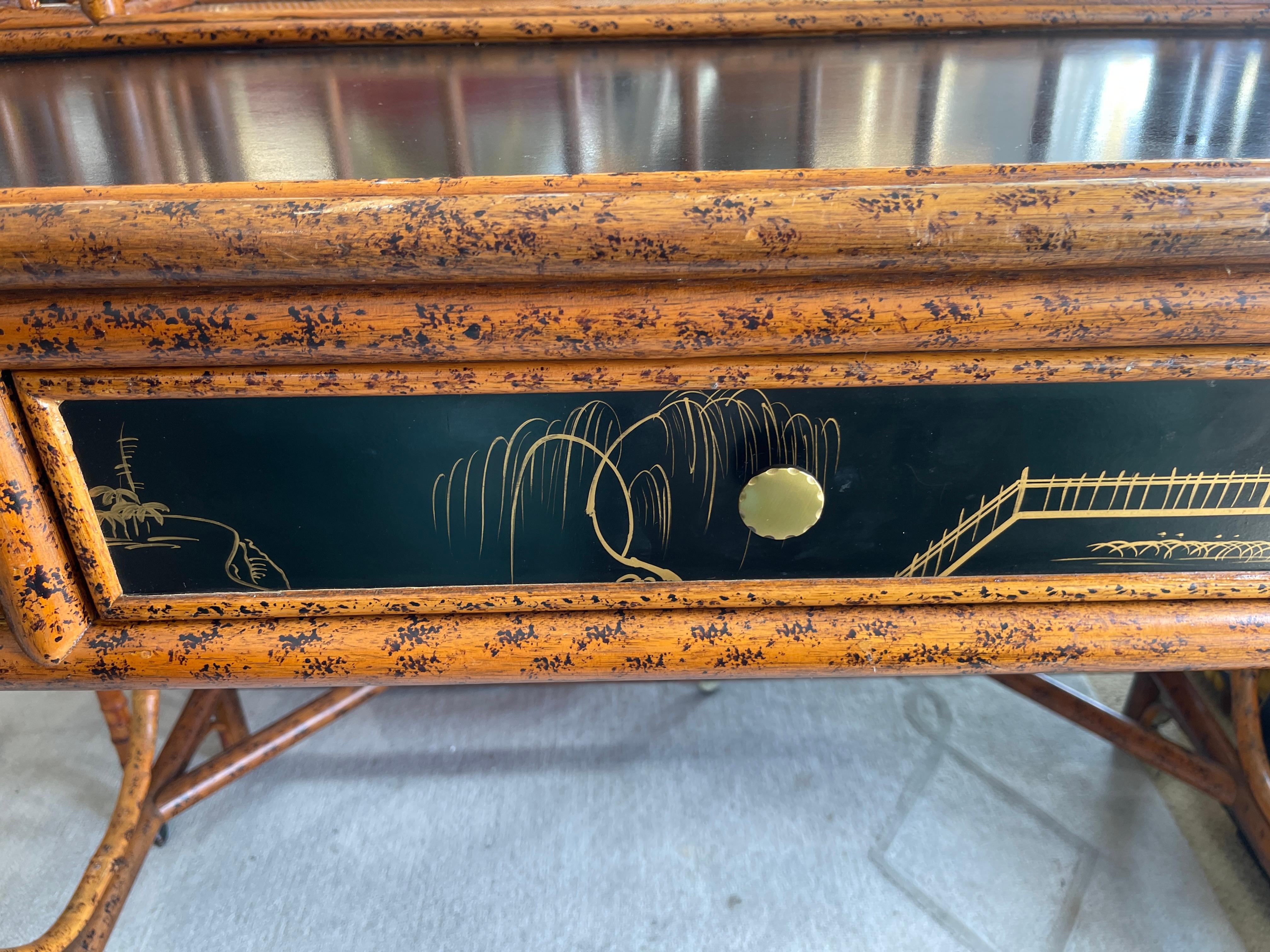 20Th.C. Chinoiserie Bamboo, Rattan  & Black  Lacquer Writing  Desk 10