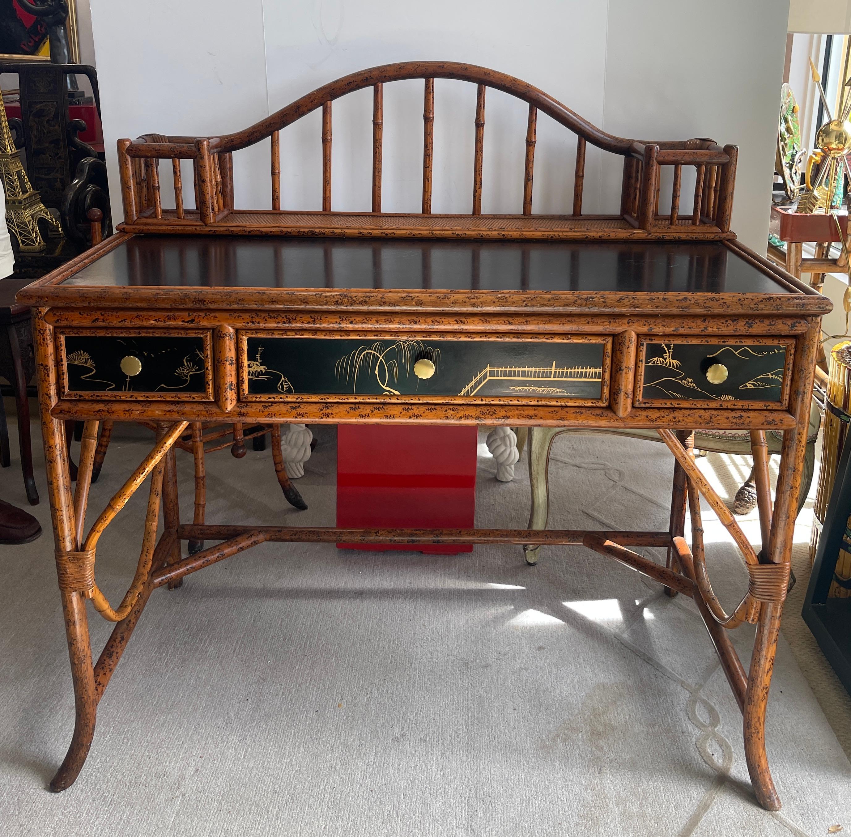 20Th.C. Chinoiserie Bamboo, Rattan  & Black  Lacquer Writing  Desk 14